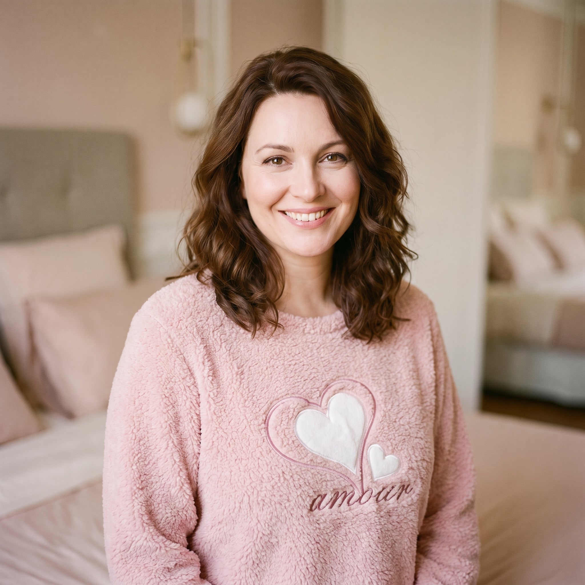 Chemise de nuit en peluche rose bouclée portée, coeurs blancs appliqués et mot amour brodé Image