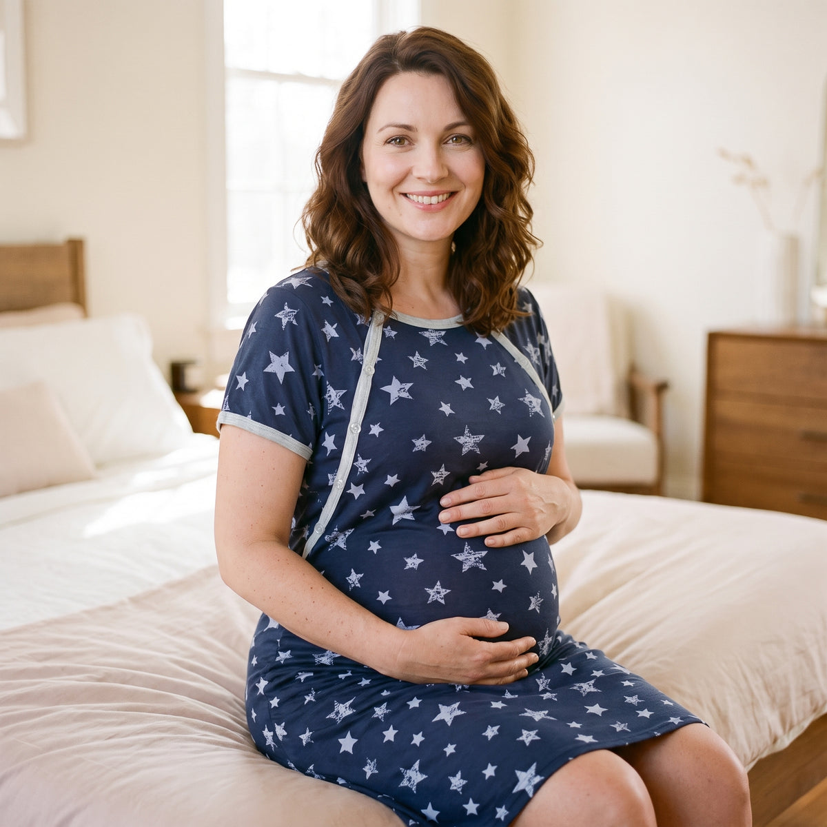 Future maman assise au bord du lit en chemise de nuit à étoiles