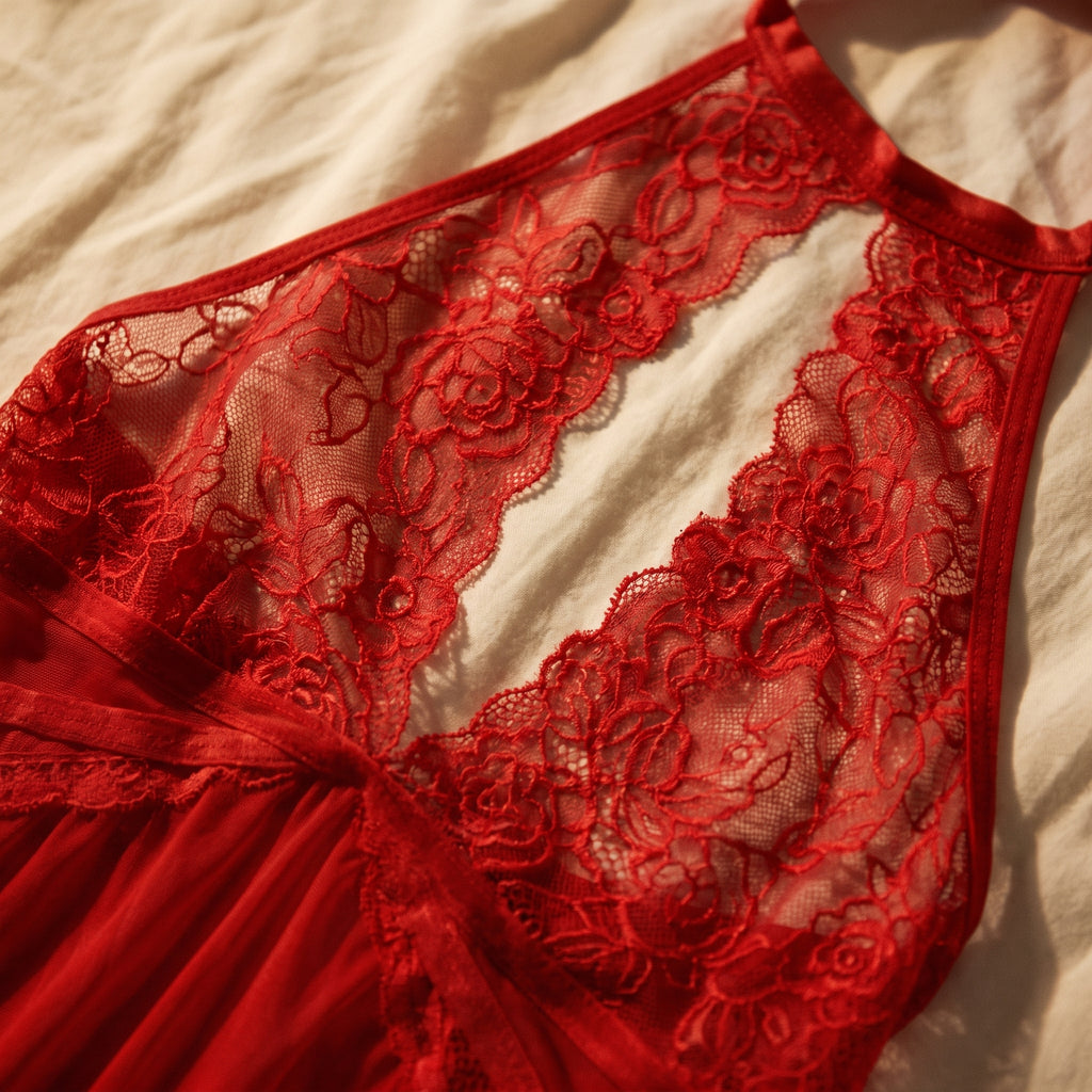 Dentelle rouge à fleurs et décolleté ouvert de la nuisette, posée sur un drap crème