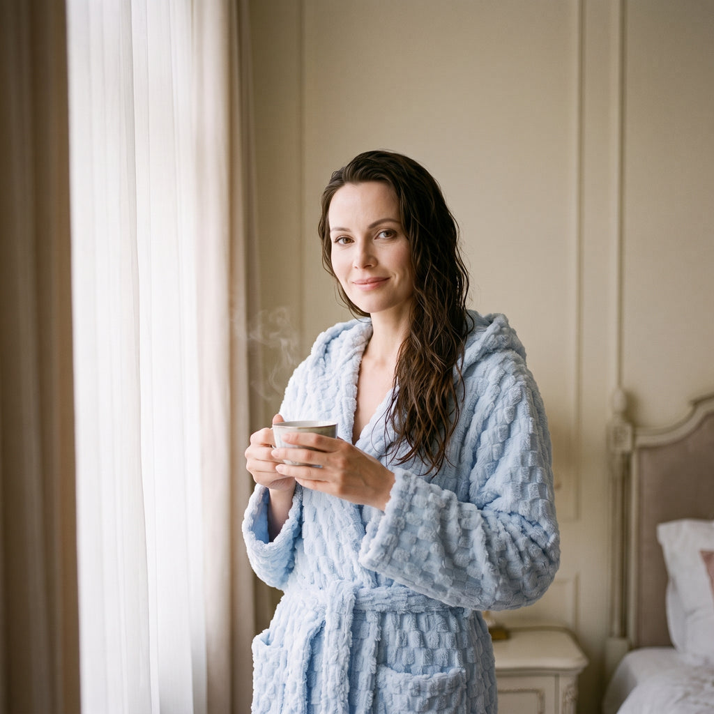 Debout près de la fenêtre, une tasse fumante tenue à deux mains, la capuche rabattue en large col sur les épaules et les cheveux encore humides