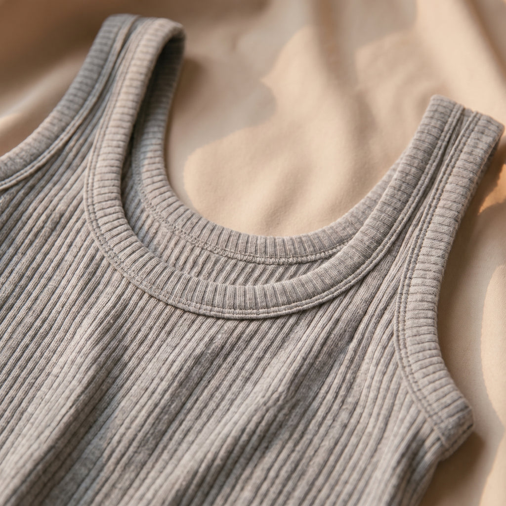 Détail de l'encolure ronde et de la maille qui caresse la peau, larges bretelles du pyjama deux-pièces gris