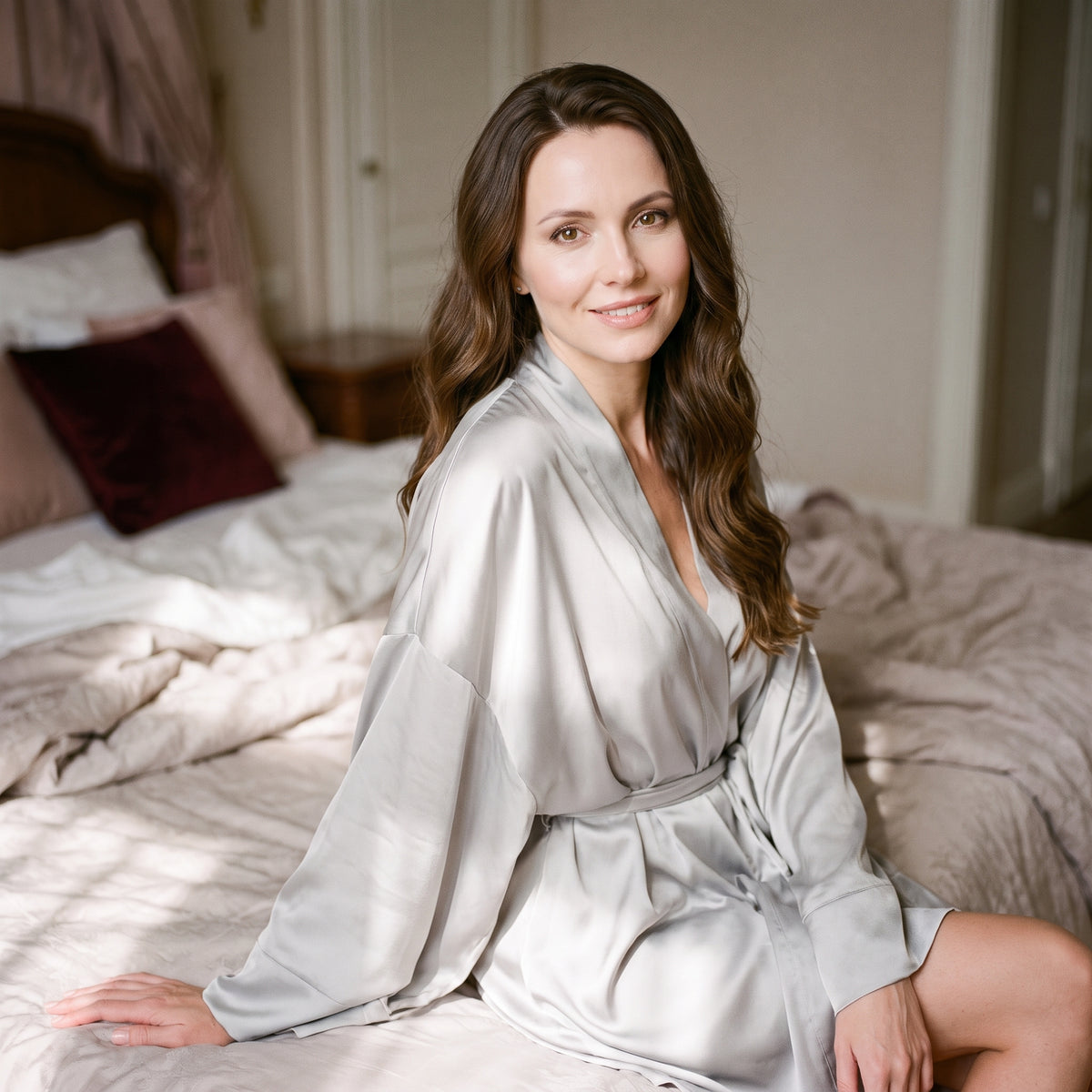 Femme assise au bord du lit dans le peignoir kimono en satin gris clair, un moment posé, manche large déployée sur le drap