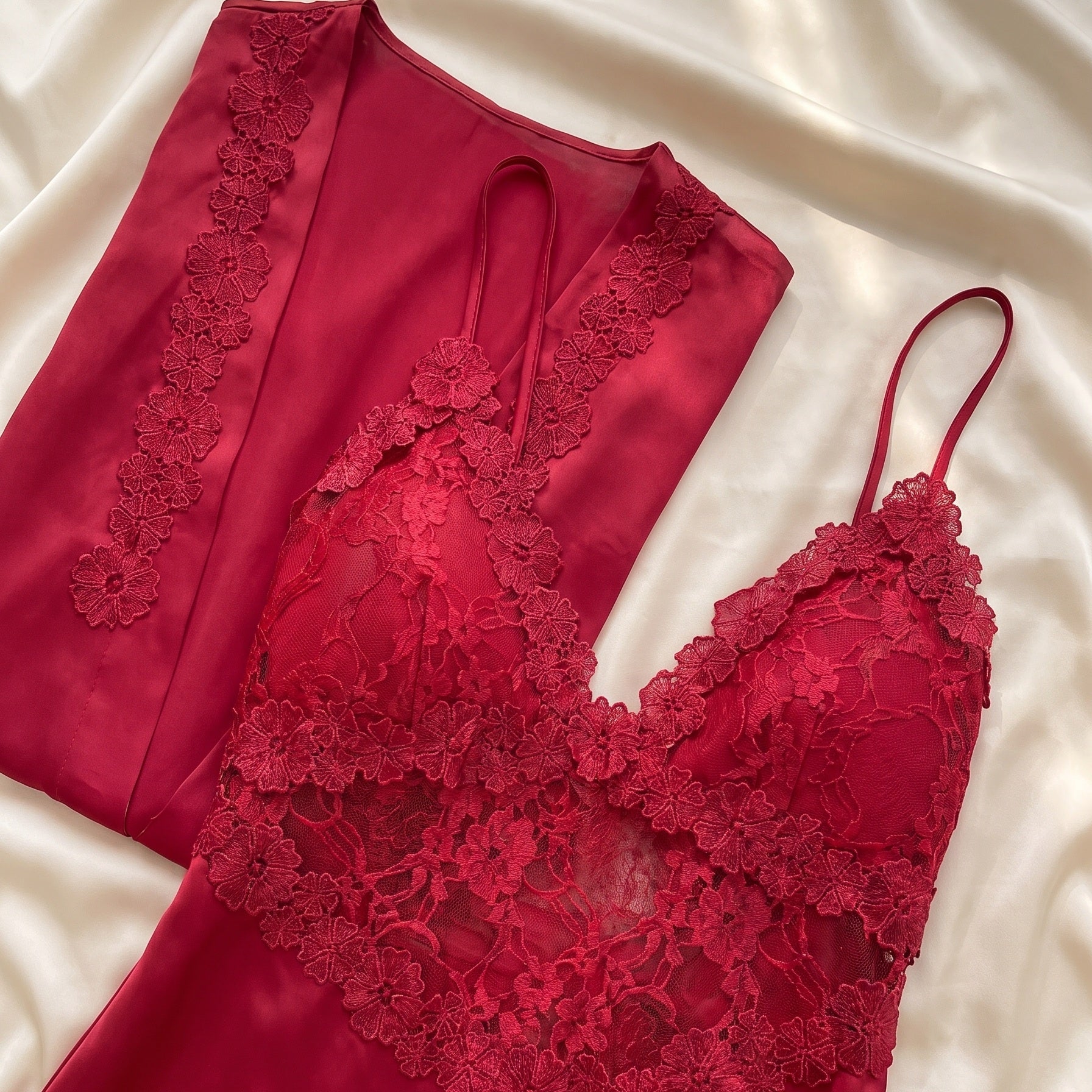 Détail de la dentelle florale de la nuisette rouge Image