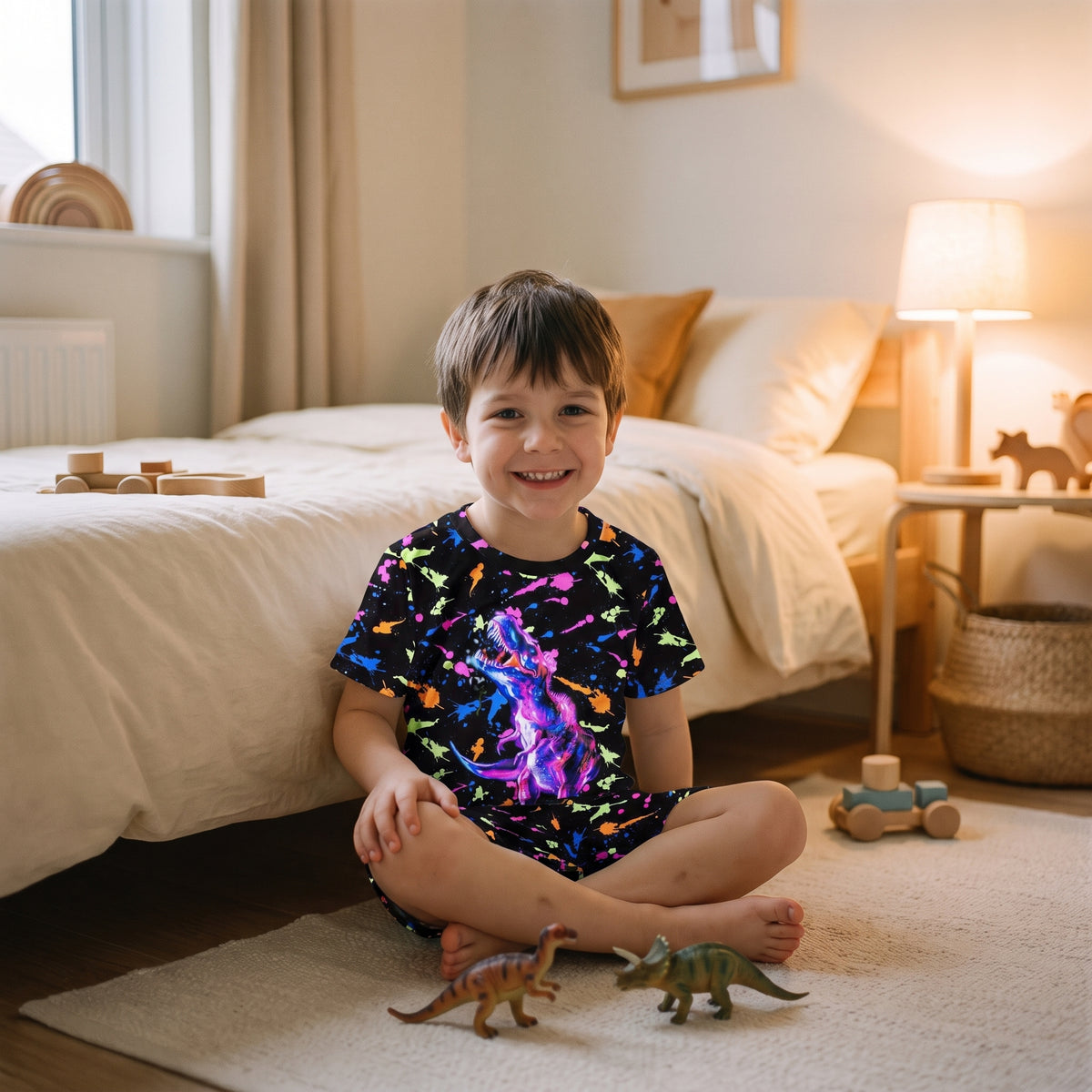 Garçon fier de son pyjama dinosaures, assis sur le tapis avec ses figurines