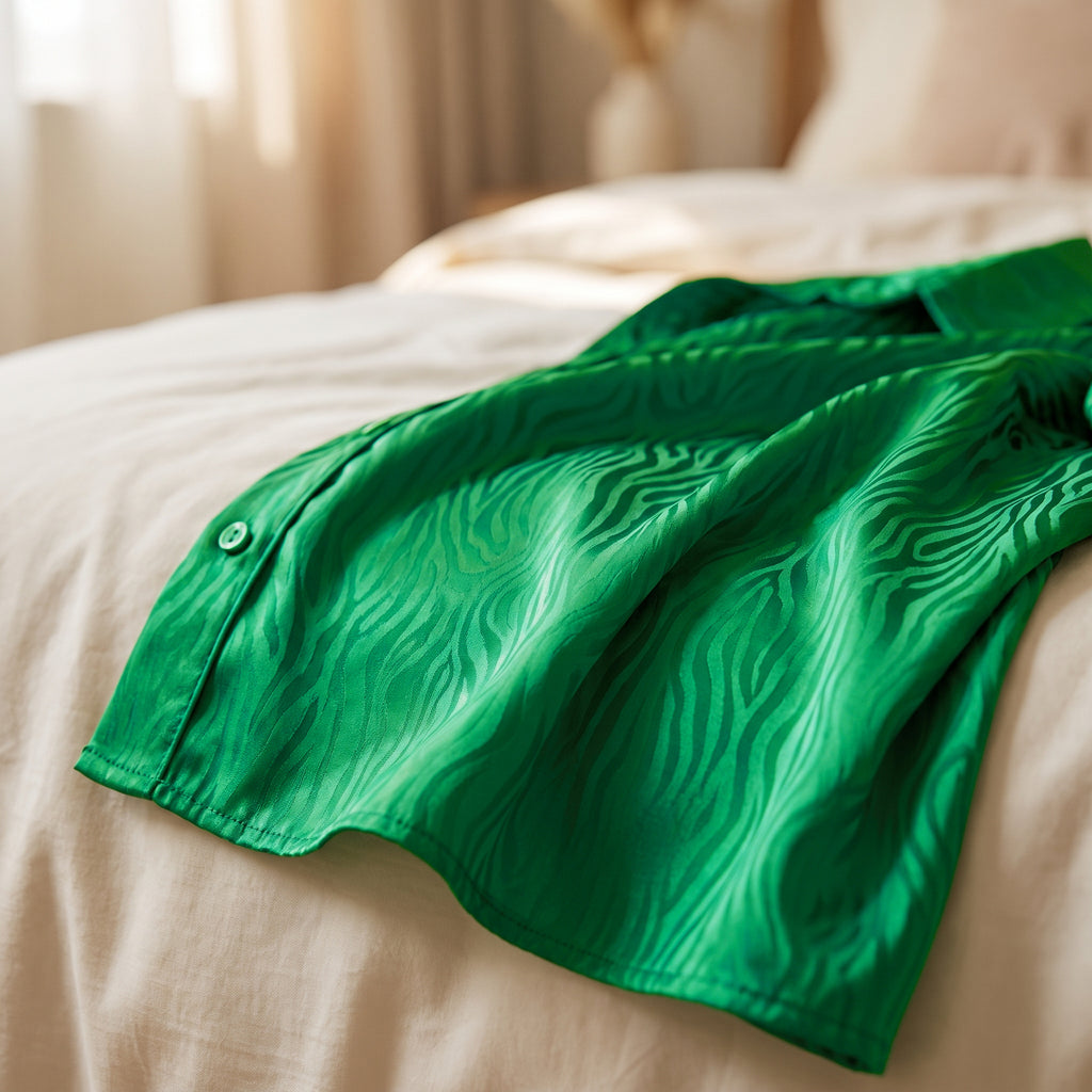 Gros plan sur le satin vert du pyjama, ses zébrures ton sur ton et un bouton de la même couleur que l'étoffe