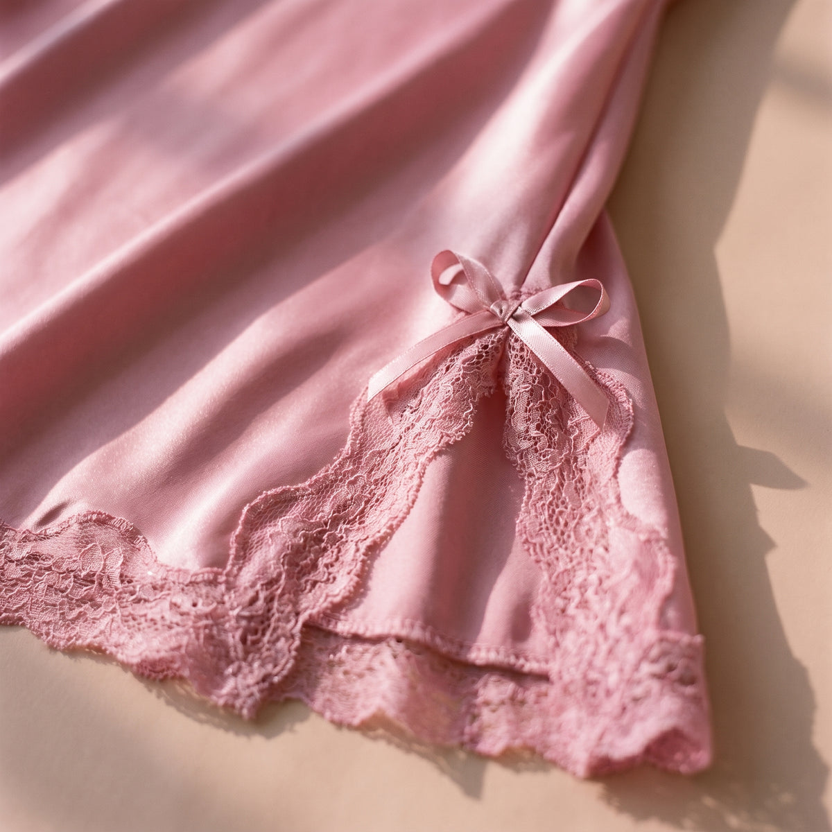 Satin rose et petit nœud au-dessus de la fente latérale de la nuisette