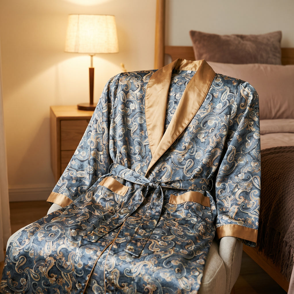Robe de chambre satinée grise posée au pied du lit près d’une lampe allumée, col châle doré, nœud de ceinture et poche bordée de satin uni