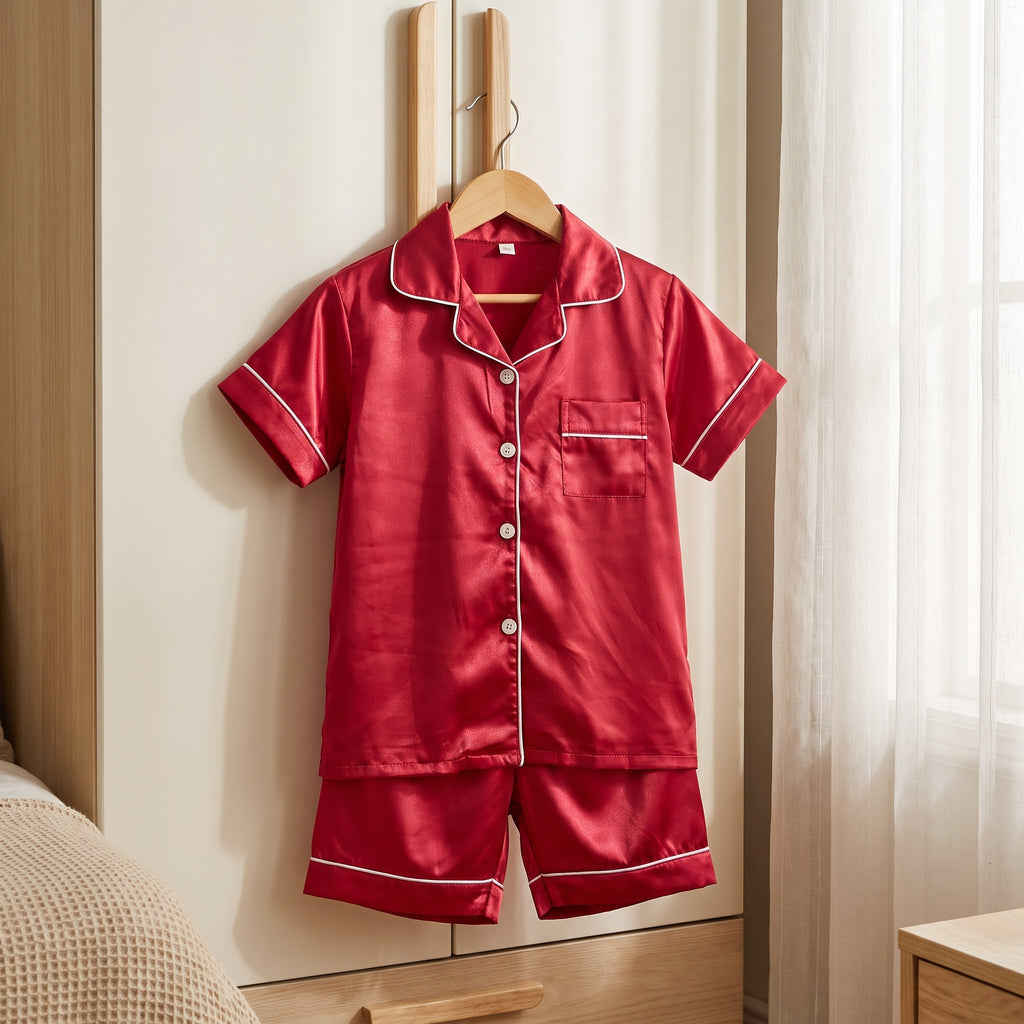 Ensemble de pyjama fille rouge suspendu à un cintre de bois devant la fenêtre ouverte d'une chambre d'enfant, un matin d'été