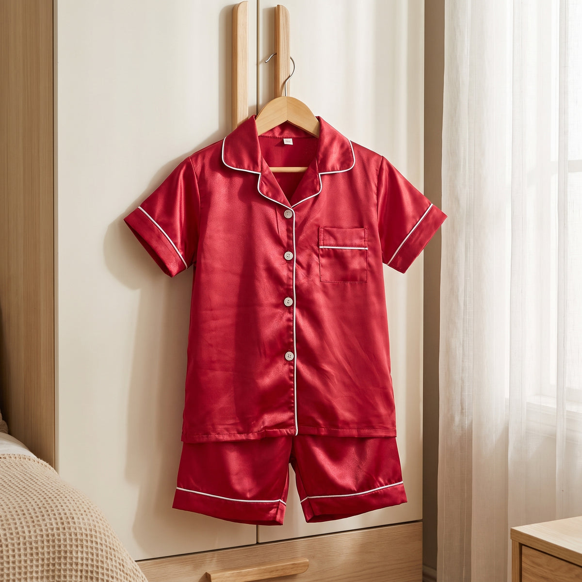 Ensemble de pyjama fille rouge suspendu à un cintre de bois devant la fenêtre ouverte d'une chambre d'enfant, un matin d'été