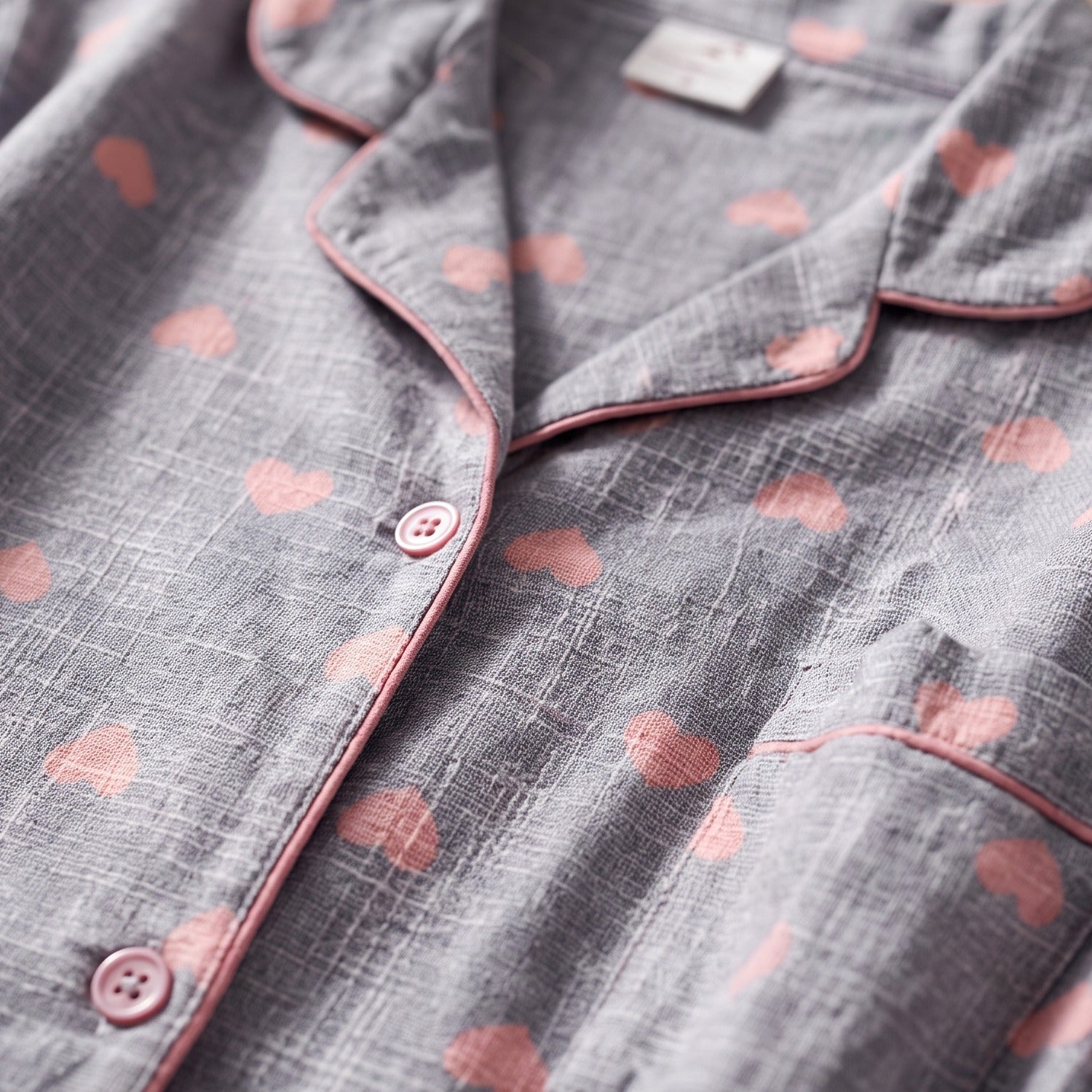 Detail du col tailleur, des boutons roses et du passepoil de la chemise de nuit a coeurs Image