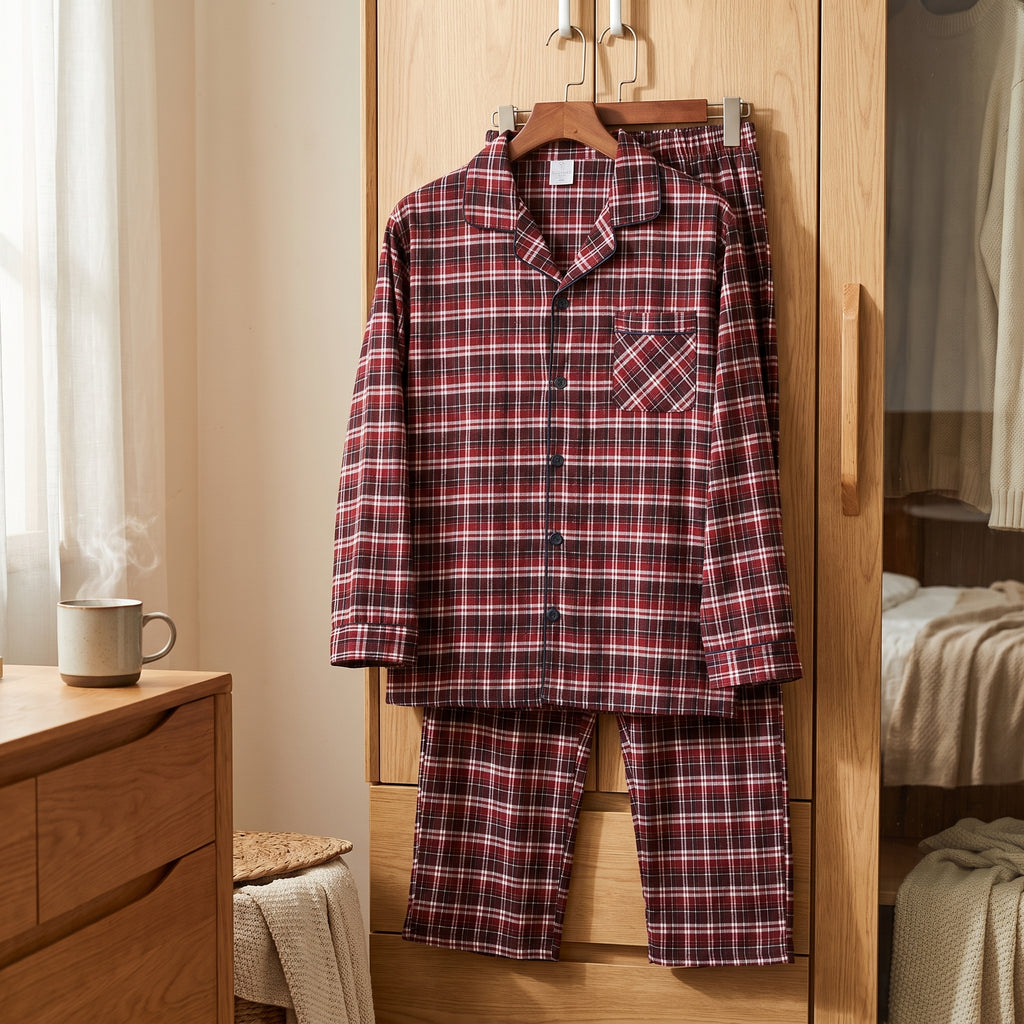 Pyjama homme rouge à carreaux suspendu à un cintre de bois devant une armoire de chambre, une tasse fumante posée à côté au matin