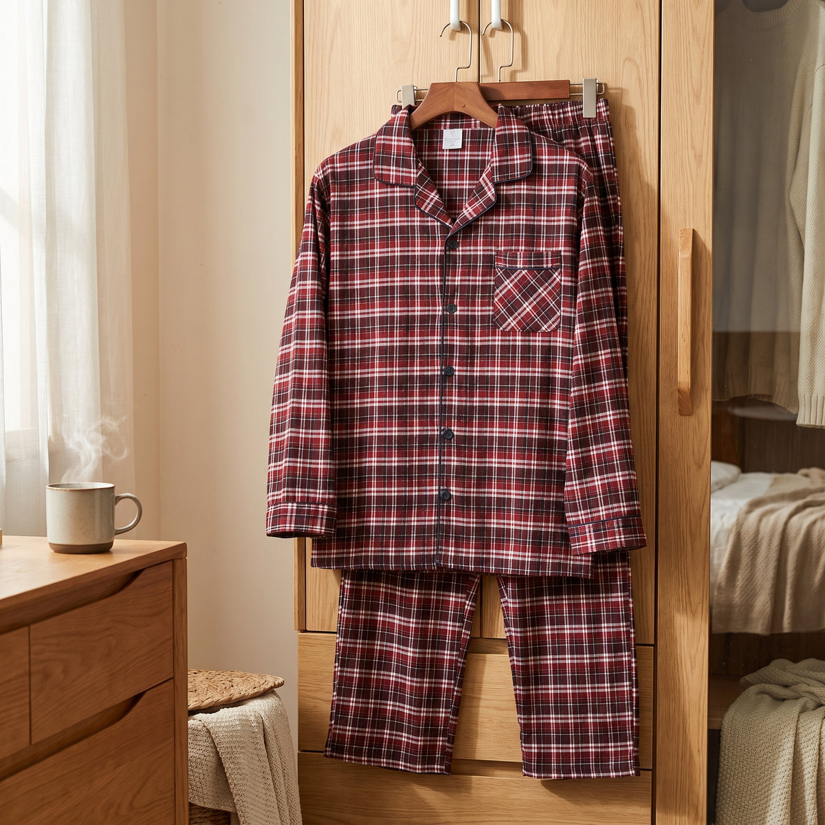 Pyjama homme rouge à carreaux suspendu à un cintre de bois devant une armoire de chambre, une tasse fumante posée à côté au matin
