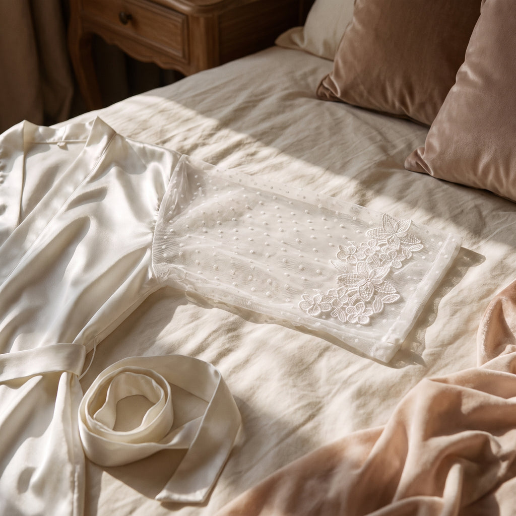 Le peignoir de satin posé à plat sur le lit, une manche de tulle dépliée et la fleur de dentelle du poignet en pleine lumière