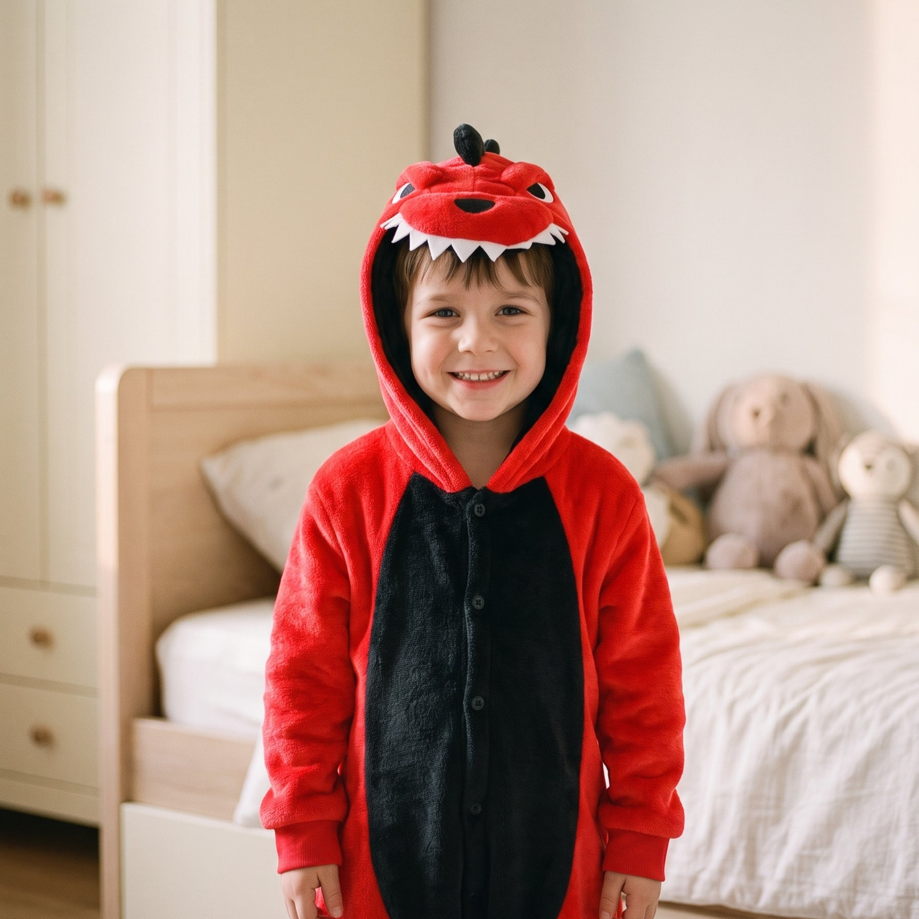 Enfant fier dans sa combinaison pyjama dragon rouge Image