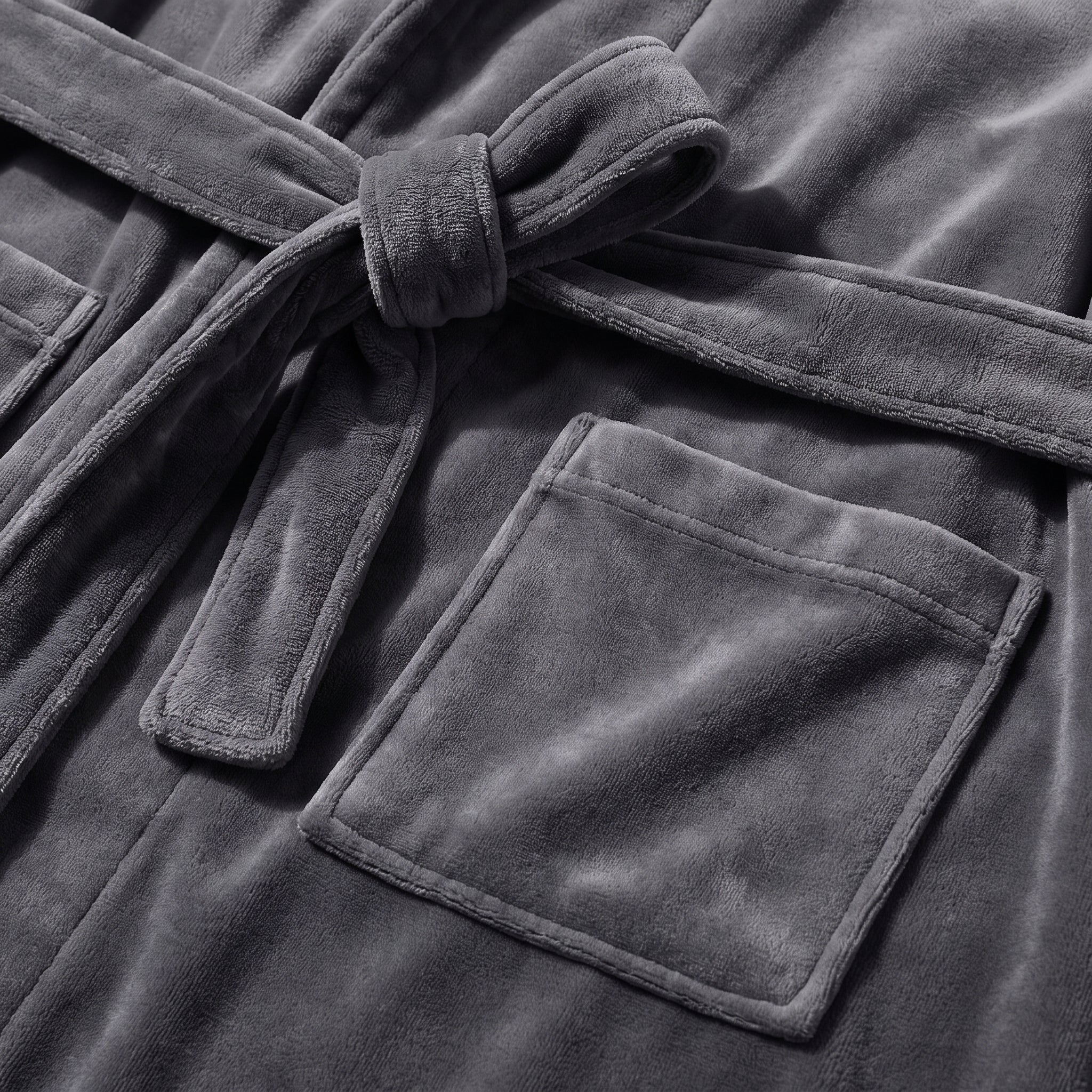 Détail de la ceinture nouée et de la poche plaquée du peignoir en maille polaire grise Image