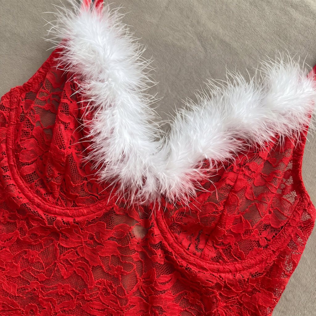 Détail du décolleté en V bordé de fourrure blanche et des bonnets en dentelle