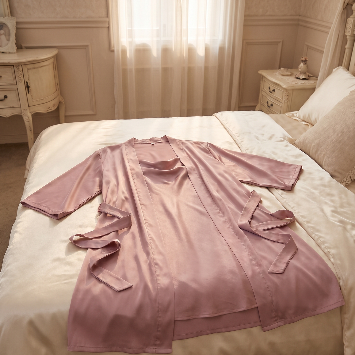 Kimono rose en satin posé, manches larges et cordelettes