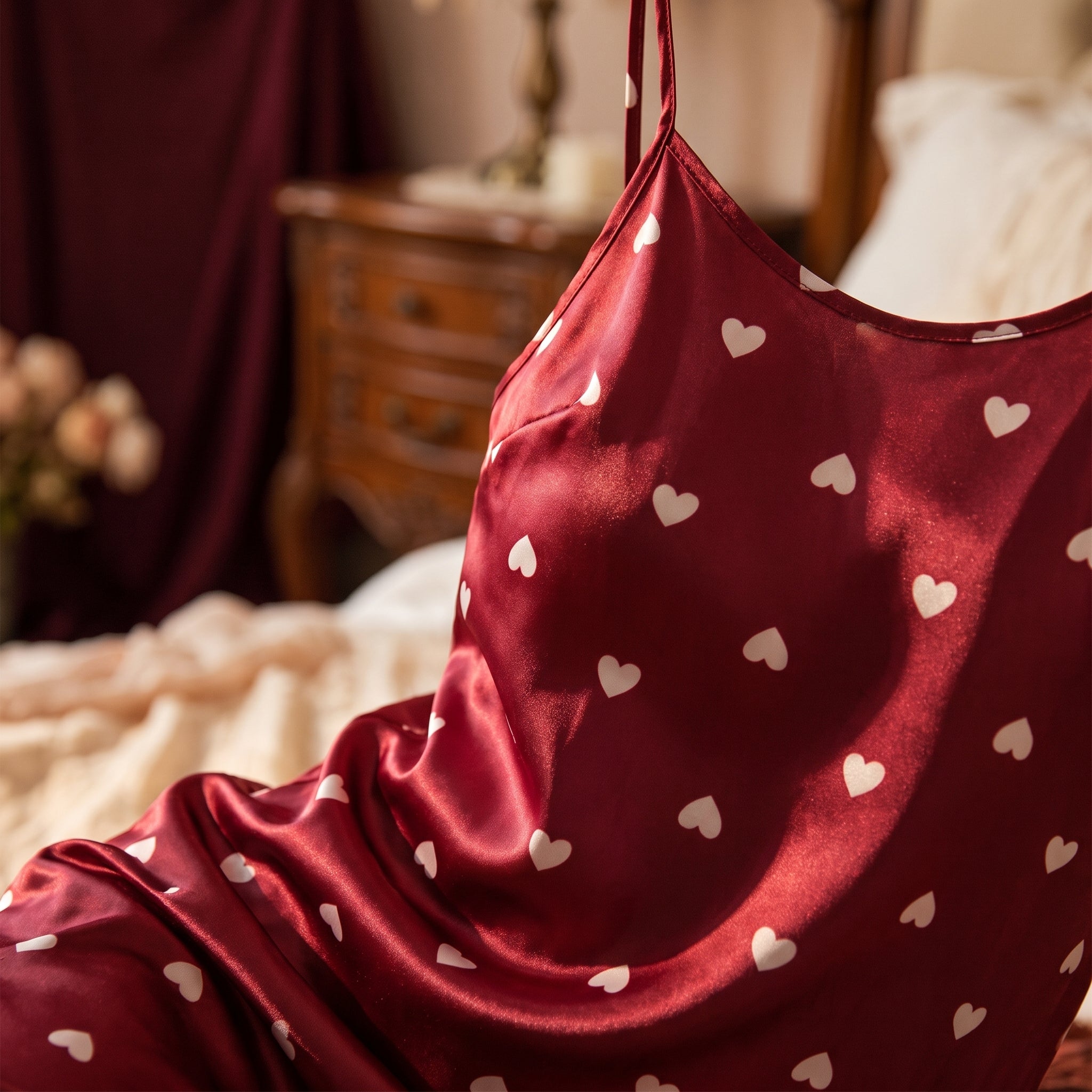 Détail du satin rouge bordeaux et de l'imprimé cœurs blancs Image