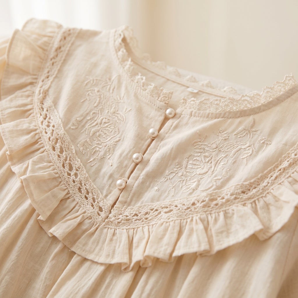 Détail du plastron brodé, des boutons et de la dentelle