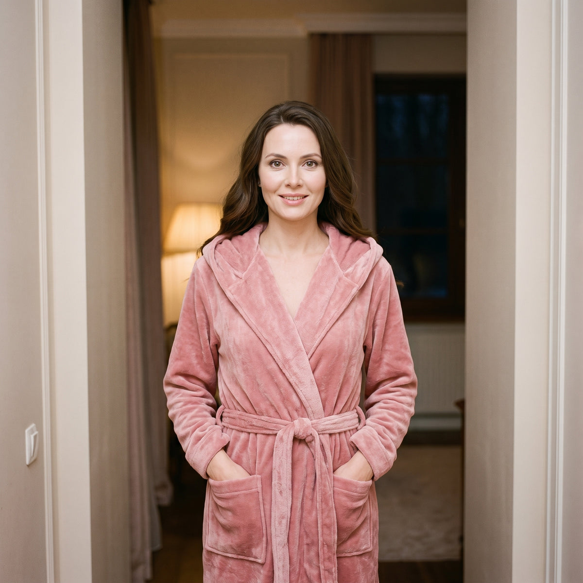 Femme debout dans un couloir, les deux mains dans les poches de sa robe de chambre rose, ceinture nouée à la taille