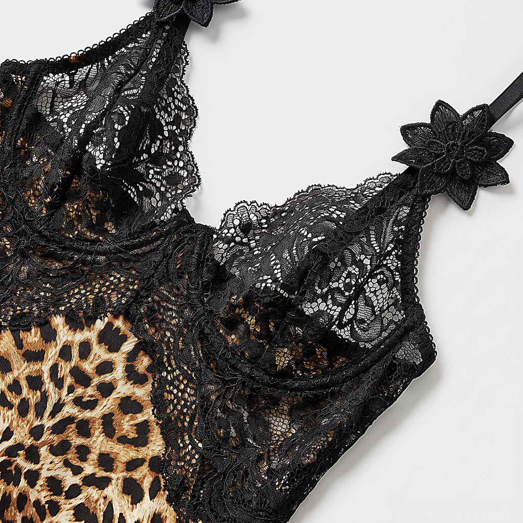 Détail des bonnets en dentelle noire et de la fleur à l'épaule
