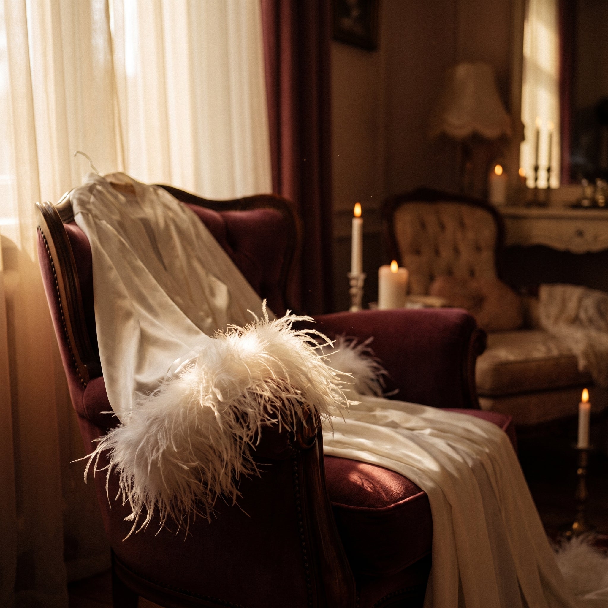 Robe de chambre blanche drapee, lumiere tamisee de boudoir Image