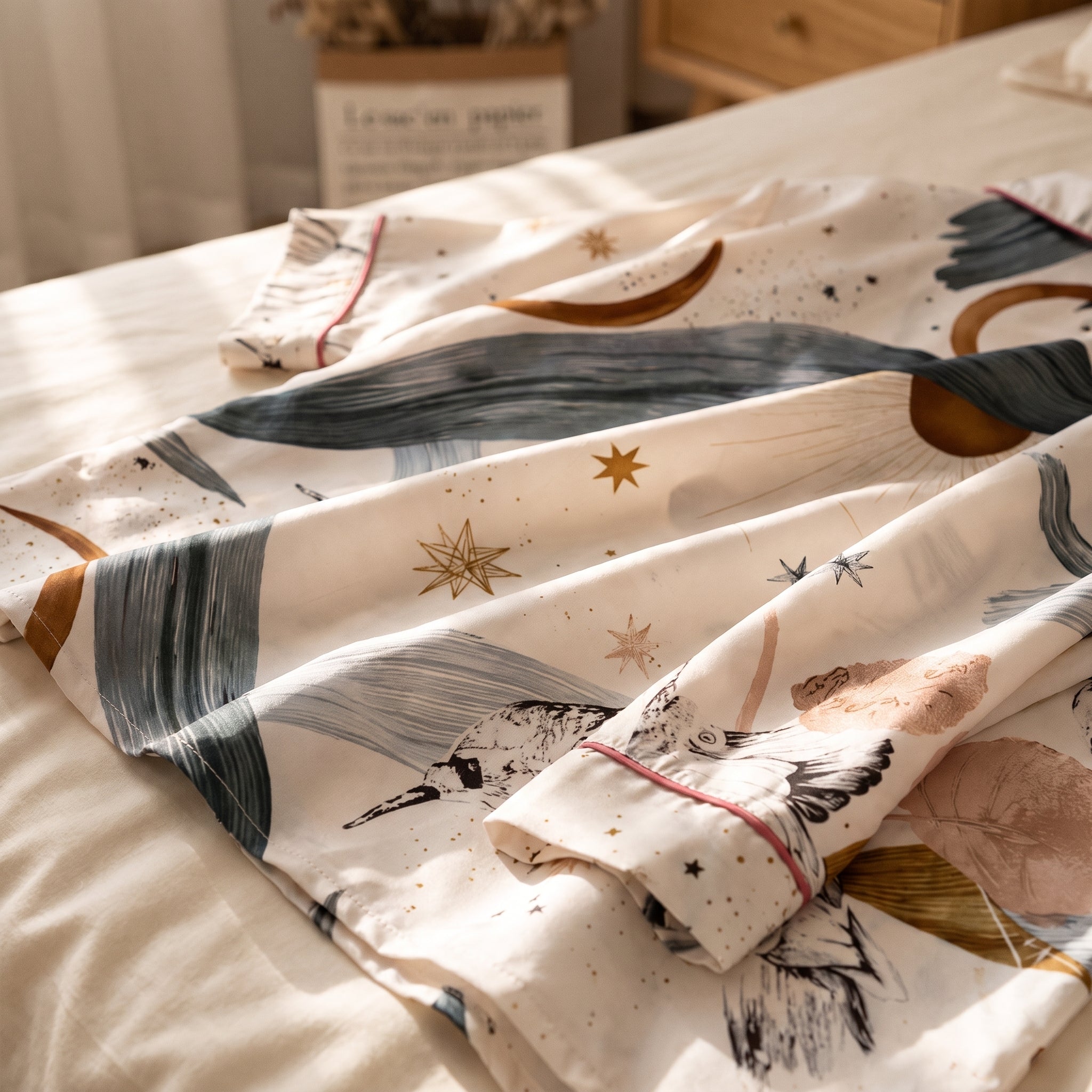 Gros plan sur l'étoffe légère d'un pyjama crème posé en plis, le passepoil framboise du bord de manche en travers du cadre Image