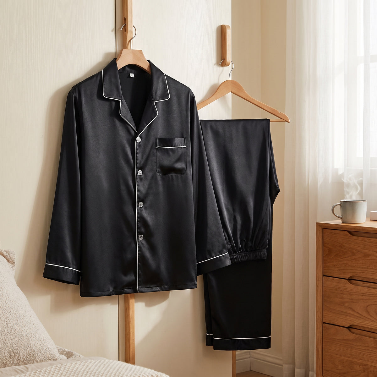 Pyjama homme noir satiné suspendu à un cintre de bois dans une chambre, une tasse fumante posée sur la commode au matin