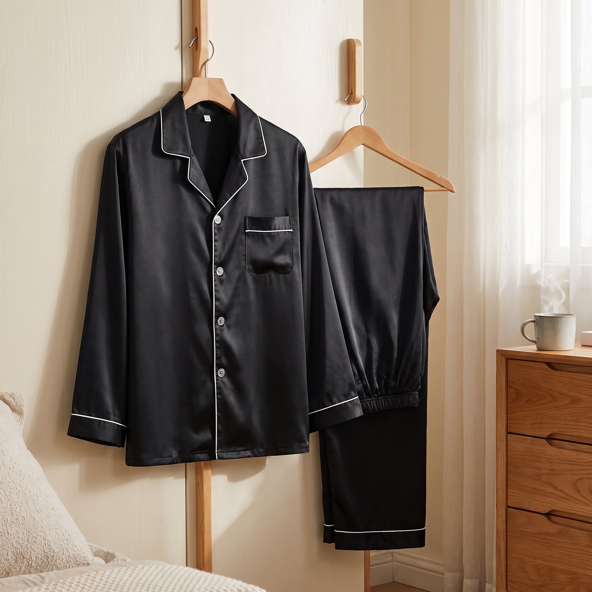 Pyjama homme noir satiné suspendu à un cintre de bois dans une chambre, une tasse fumante posée sur la commode au matin Image