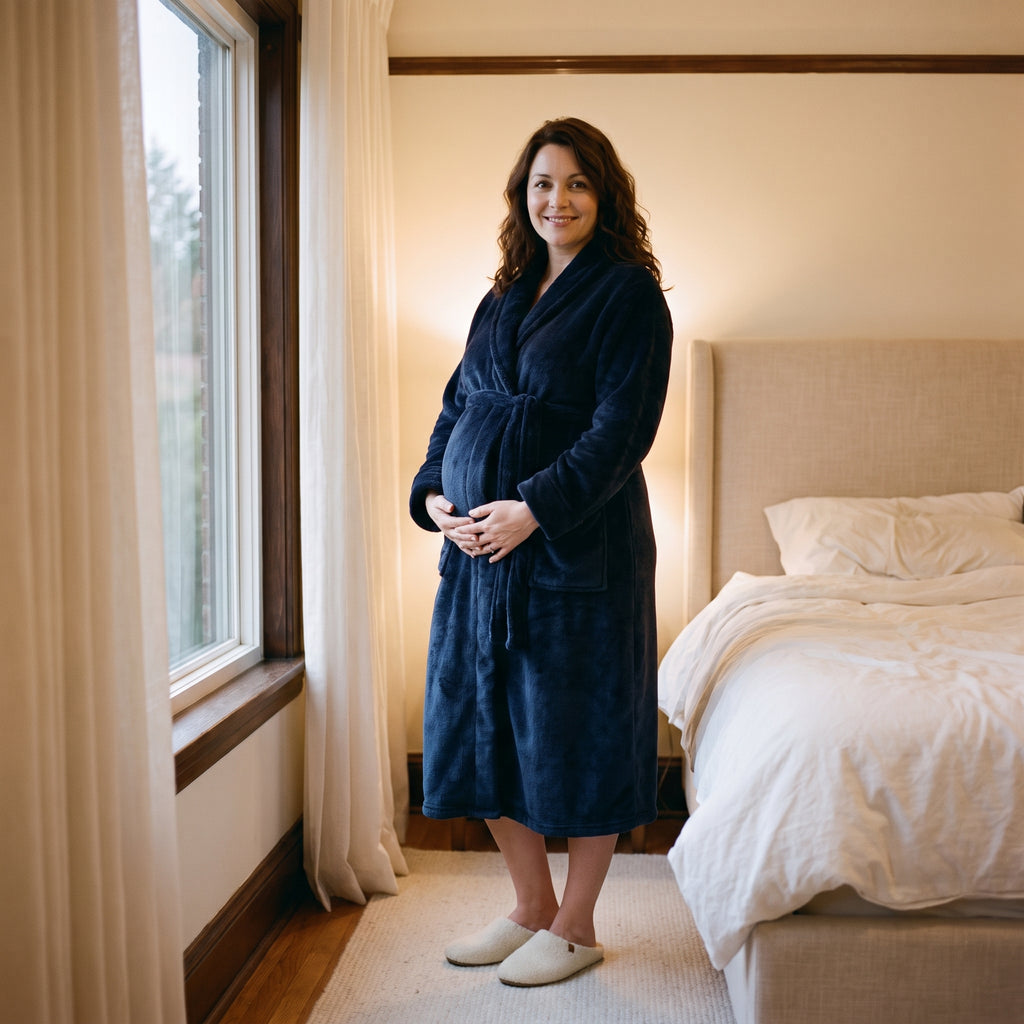 Femme enceinte debout en peignoir de maternité bleu marine, les mains posées sur le ventre et l'ourlet visible au bas du mollet