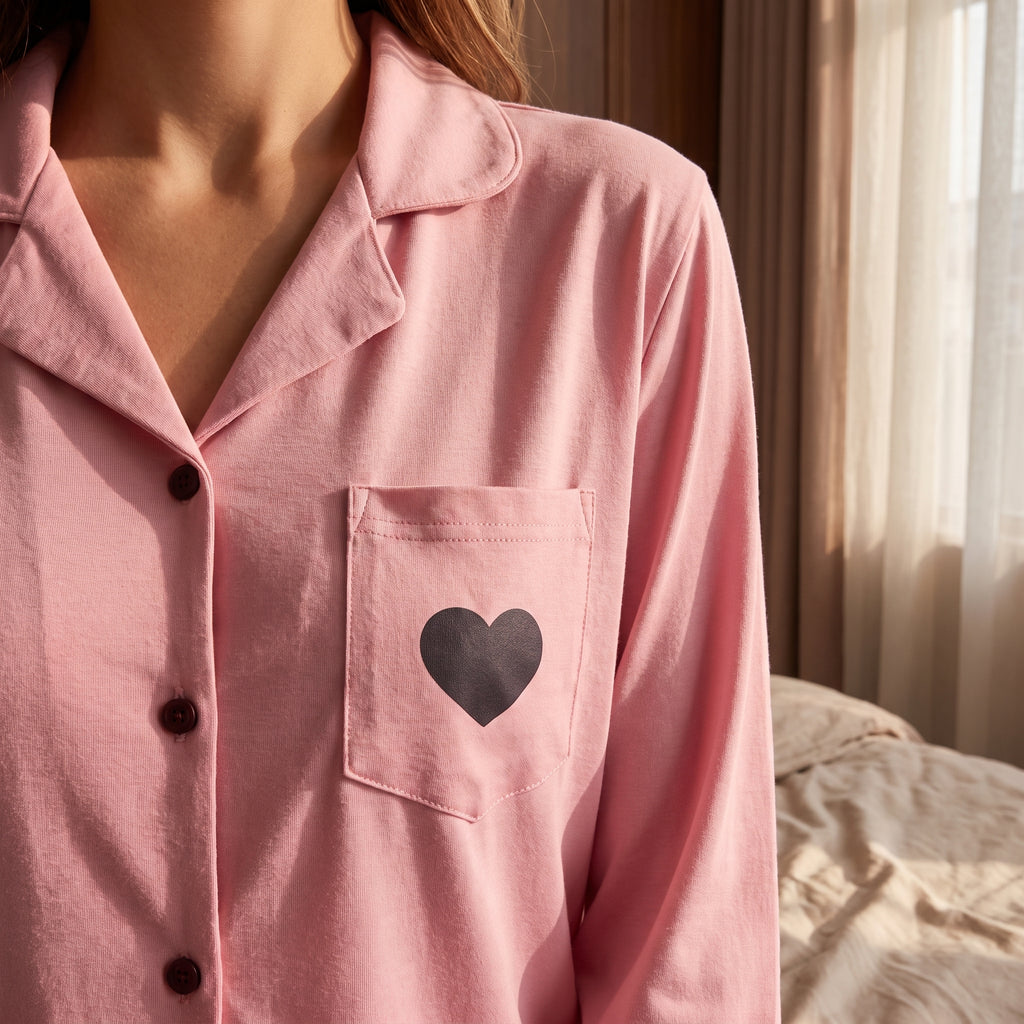 Col à revers, boutons bordeaux et poche à motif cœur d'une robe de chambre rose