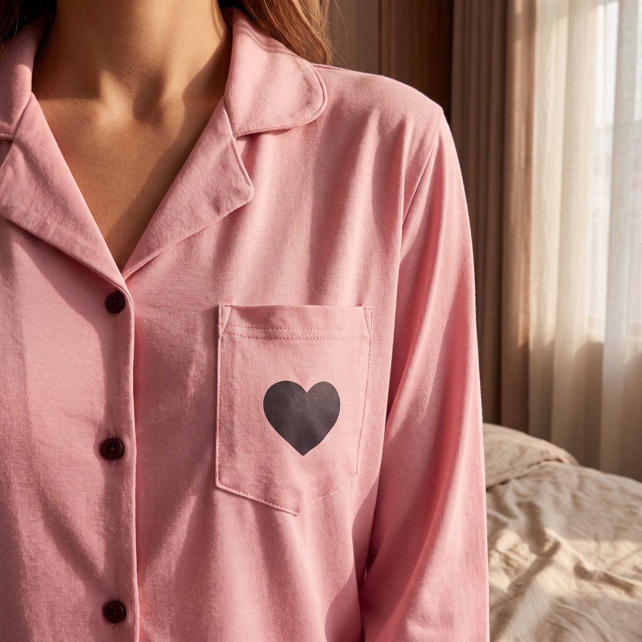 Col à revers, boutons bordeaux et poche à motif cœur d'une robe de chambre rose Image