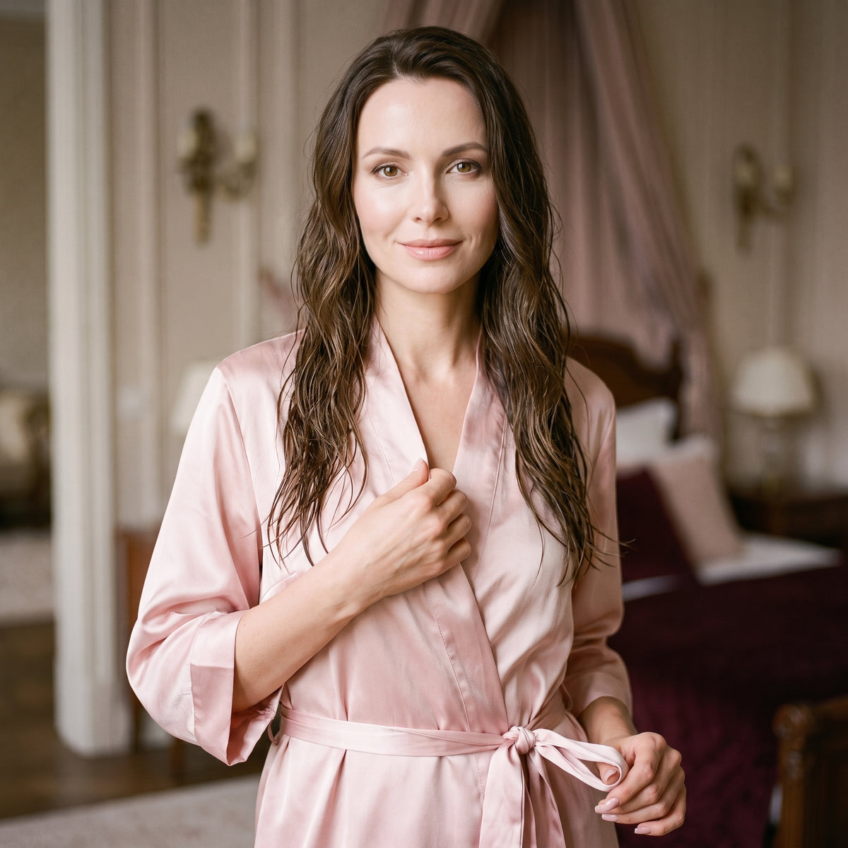 Femme brune en peignoir satiné rose au sortir de la douche, cheveux humides, refermant les pans croisés