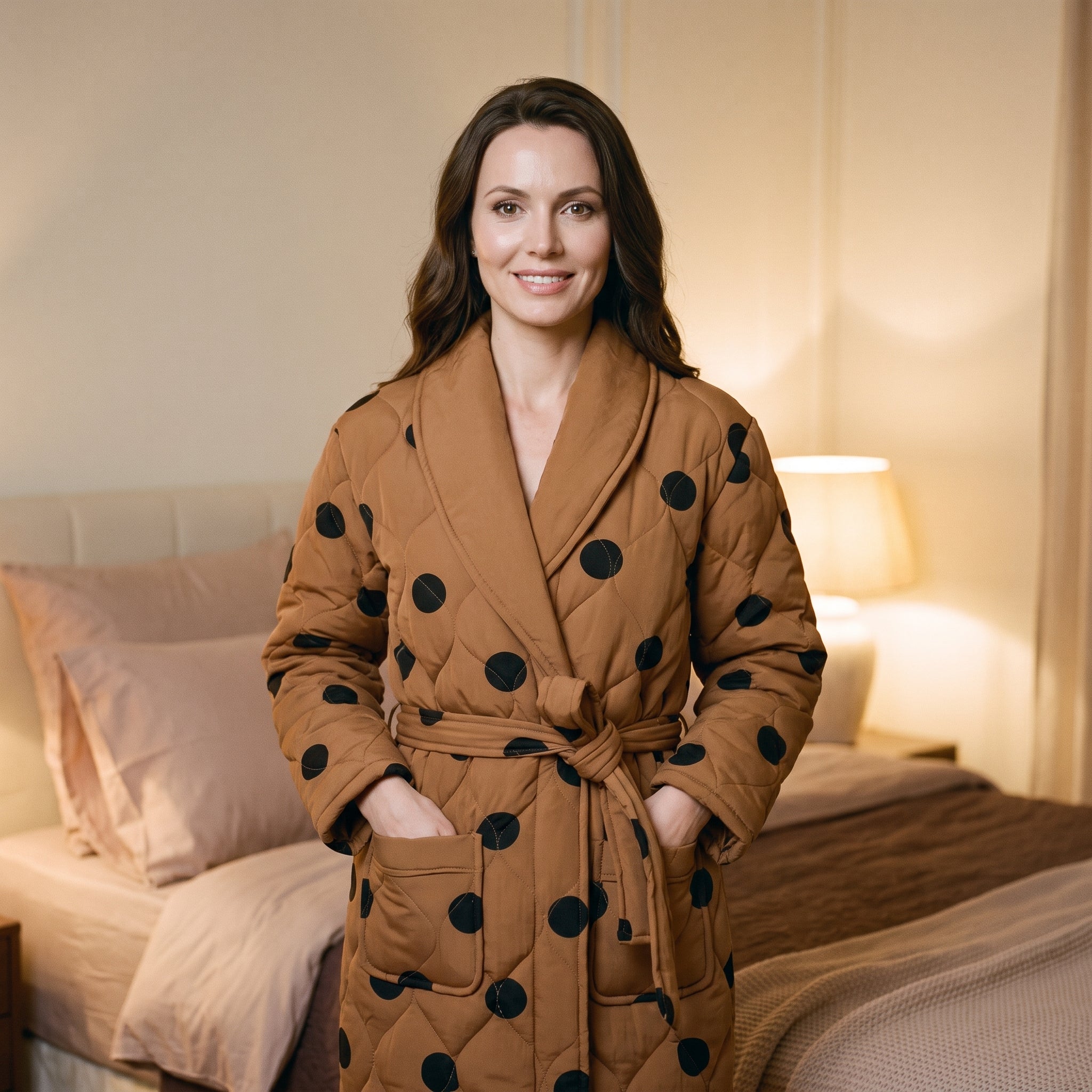 Femme debout de face, la ceinture nouée à la taille et les deux mains dans les poches de sa robe de chambre matelassée à manches longues Image