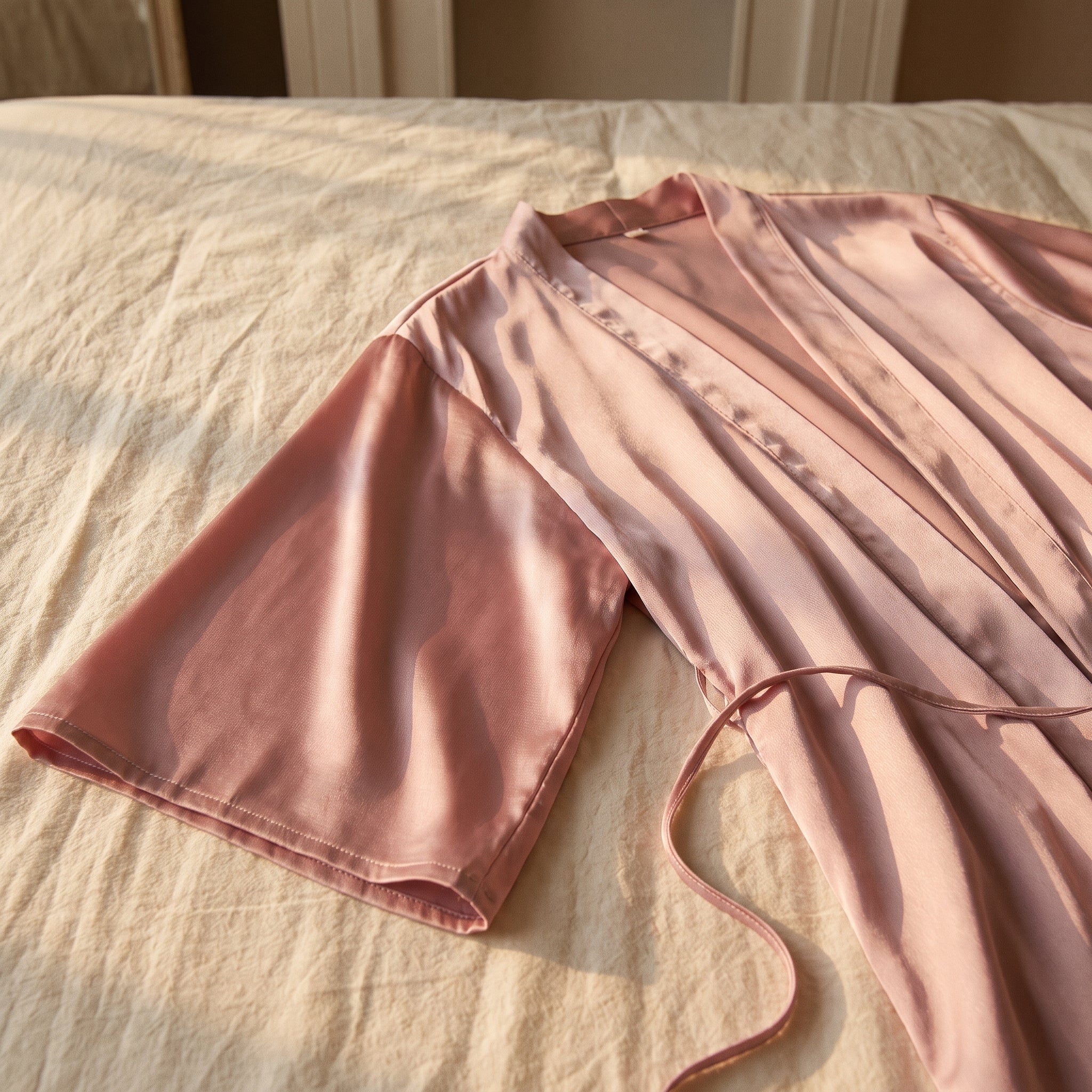 Kimono rose en voile posé à plat sur un drap crème, manche large et cordelette Image