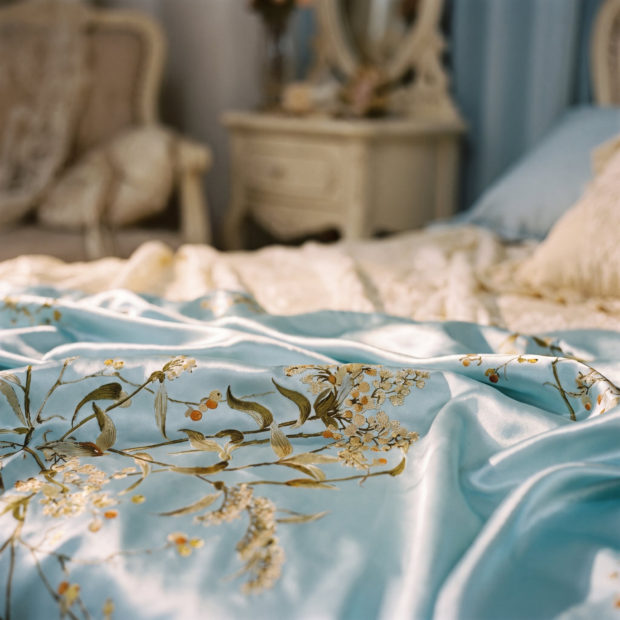 Détail de l'imprimé floral doré sur satin bleu ciel Image