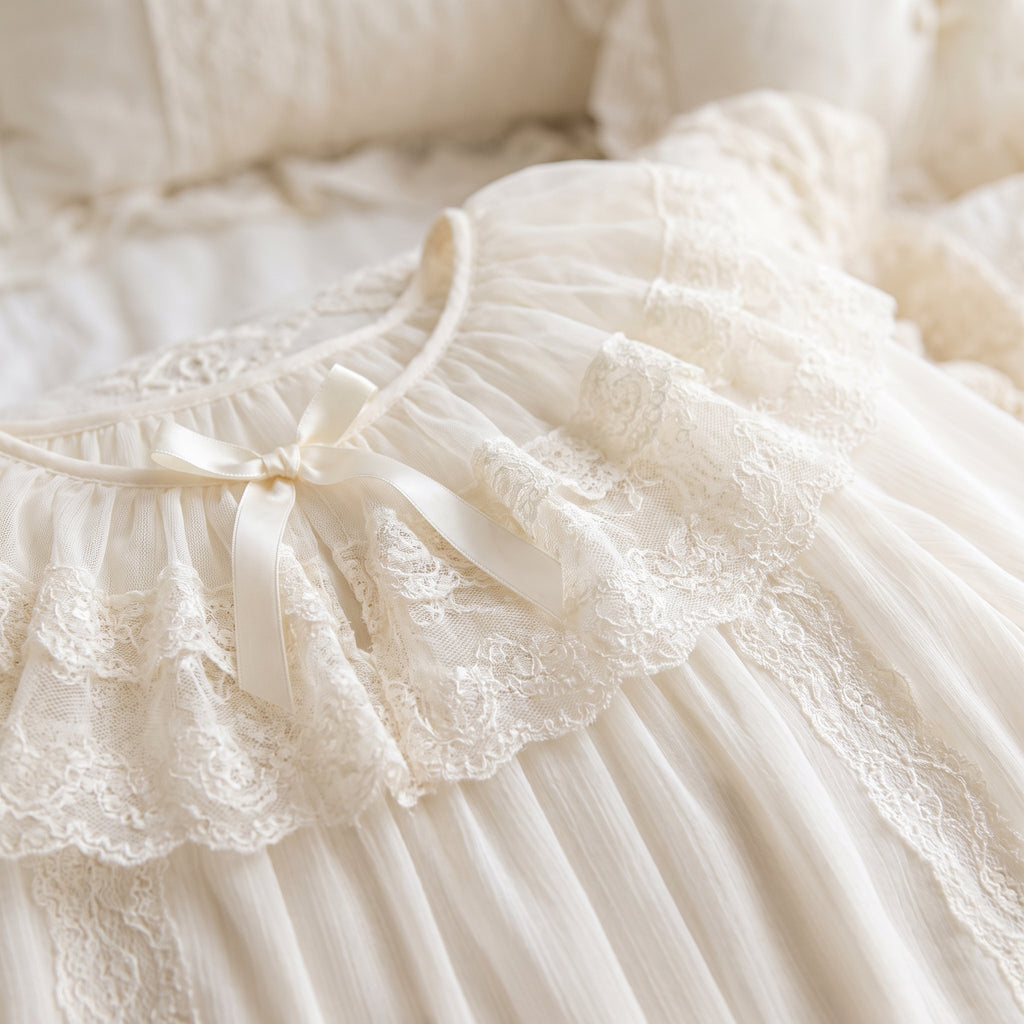 Détail du grand col volant en dentelle et du noeud satin