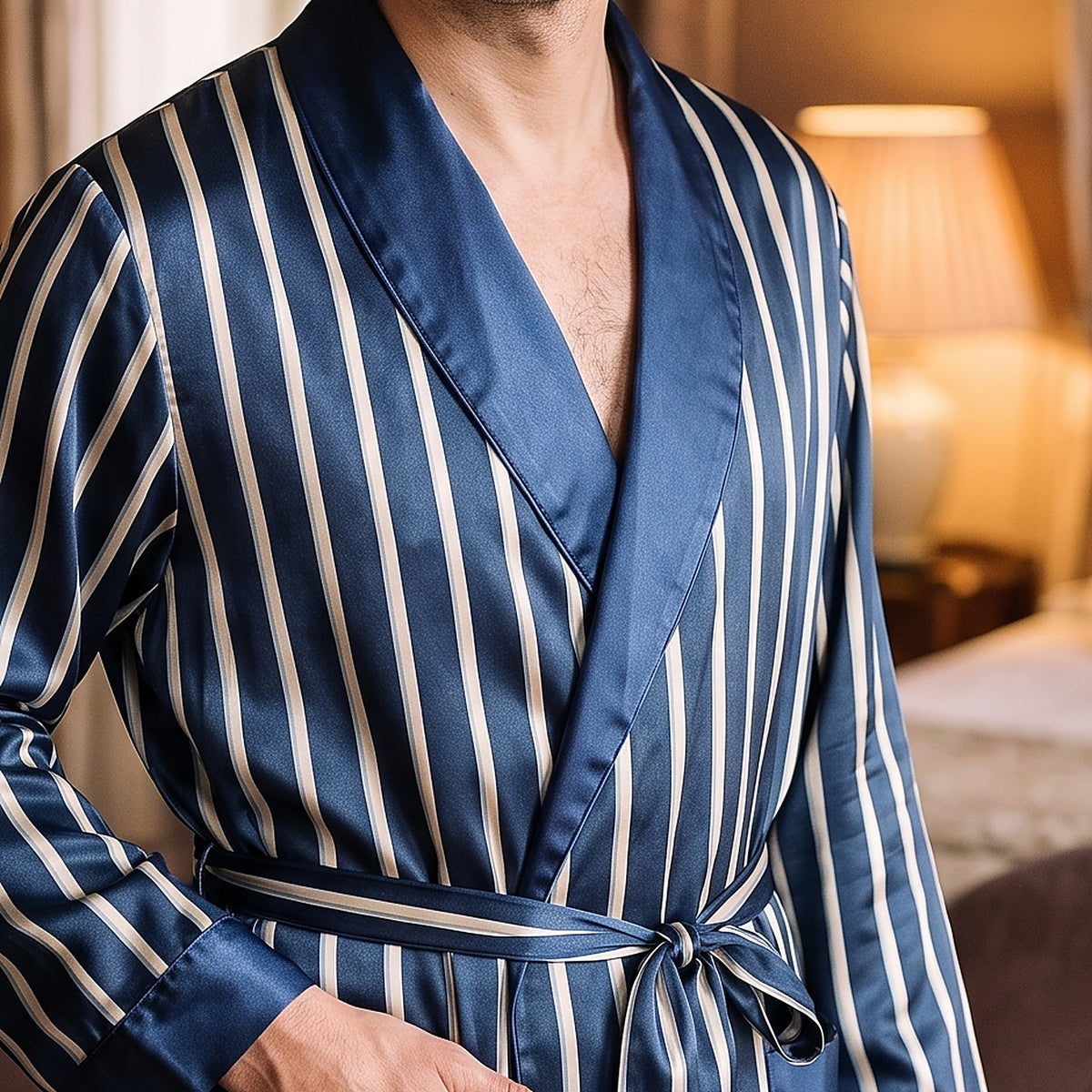 Détail du col châle et de la ceinture nouée en satin bleu marine