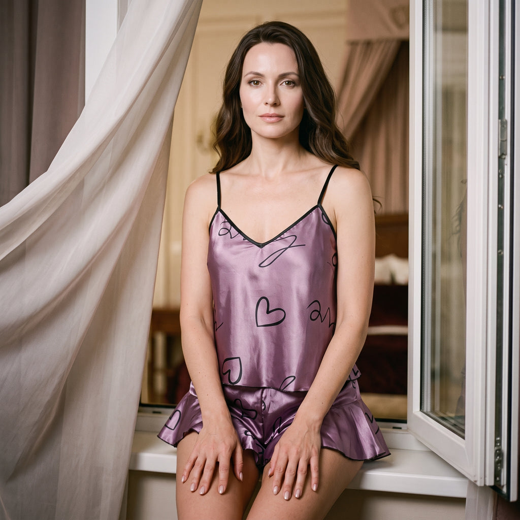 Femme brune assise sur le rebord d’une fenêtre ouverte en pyjama satiné violet, au petit matin
