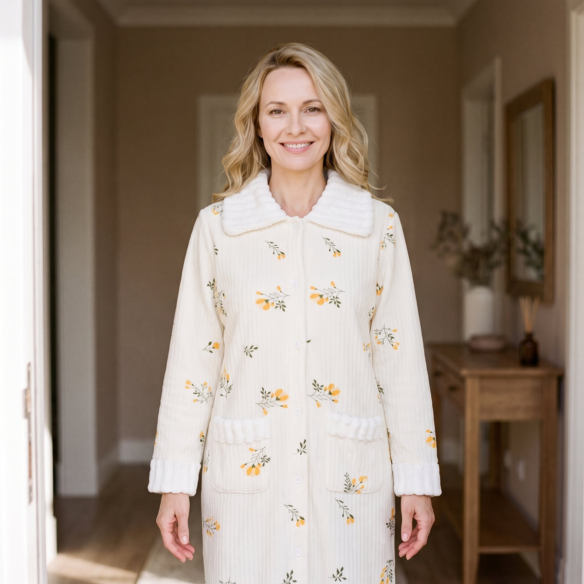 Femme en robe de chambre en coton fleuri accueillant à la porte de chez elle au matin