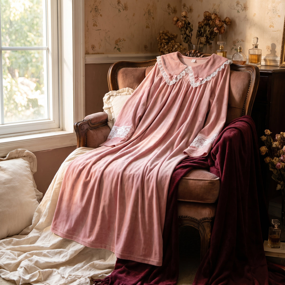Robe de nuit princesse en velours rose drapee sur un fauteuil boudoir, col Claudine dentelle blanche