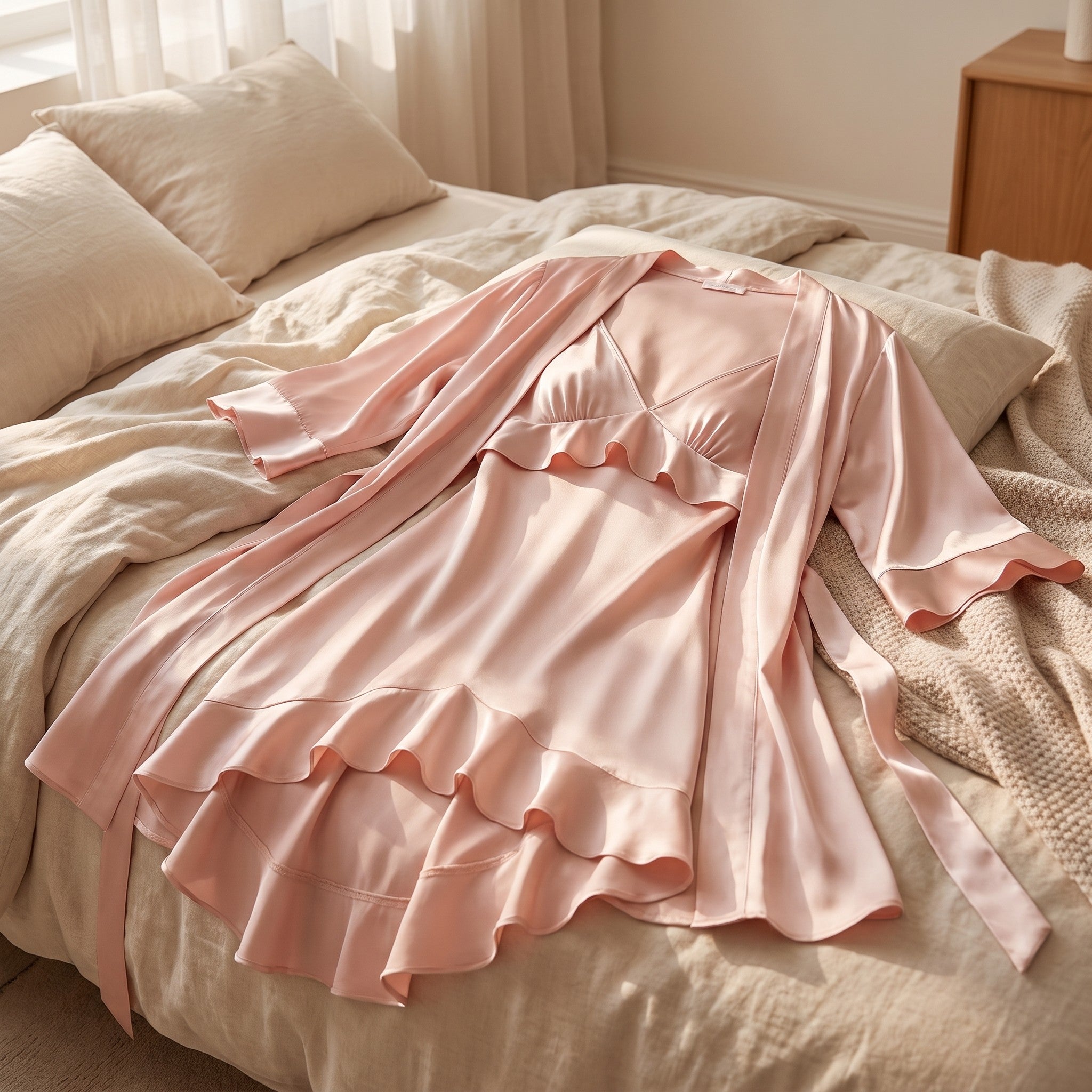 Ensemble nuisette et kimono rose en satin de soie posé sur un lit, volant sous la poitrine et ourlet volanté visibles Image