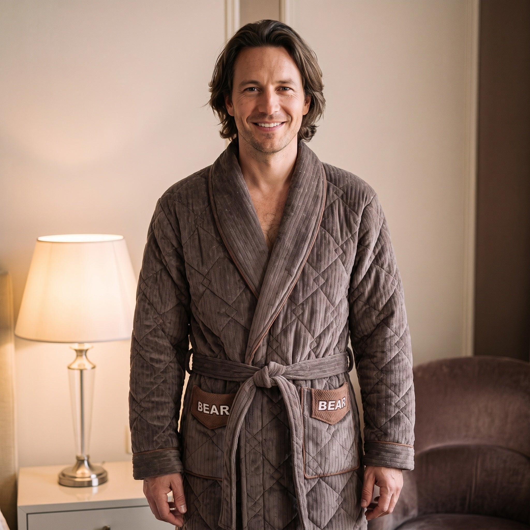 Homme souriant portant le peignoir polaire marron dans une chambre Image