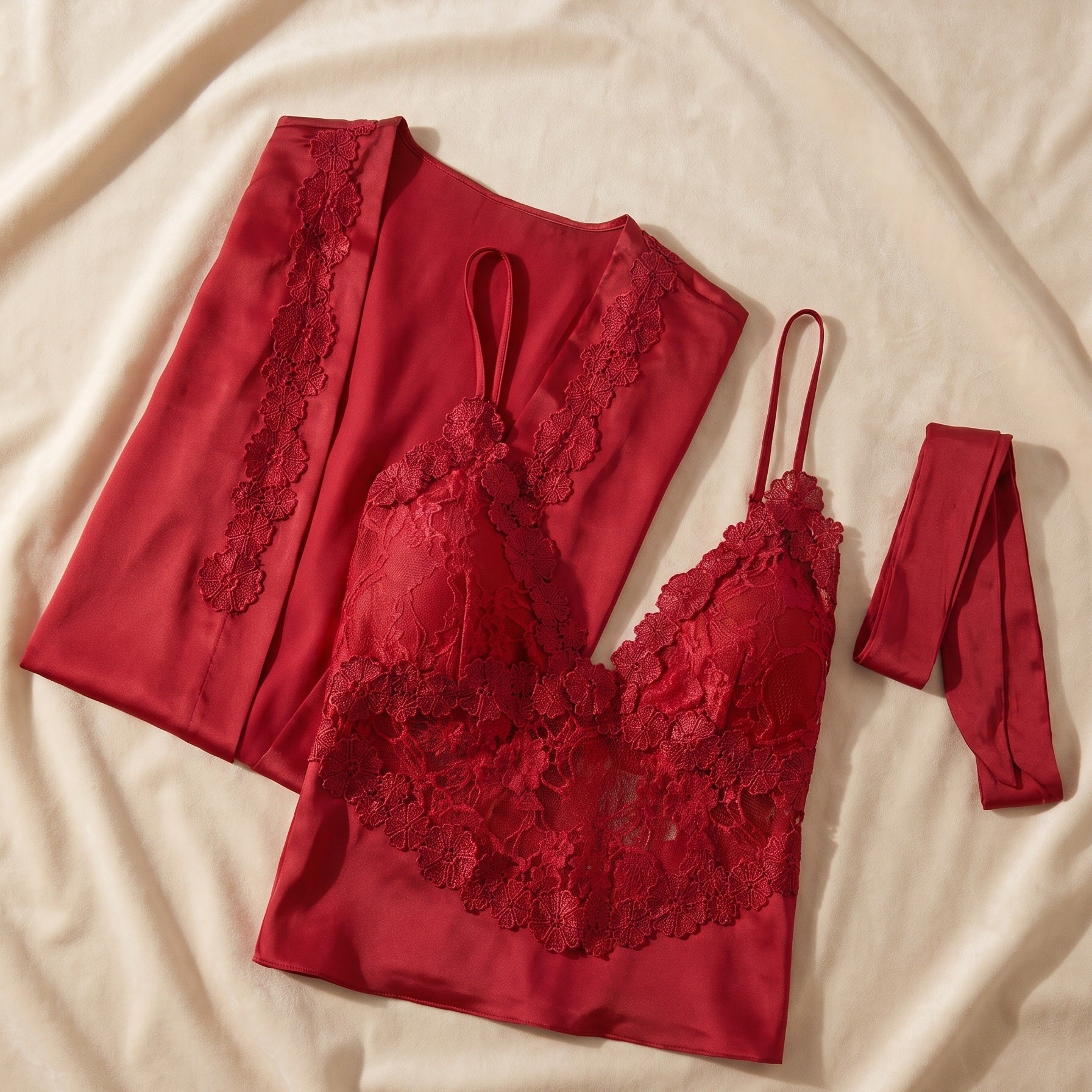 Nuisette rouge, kimono assorti et ceinture disposés à plat Image