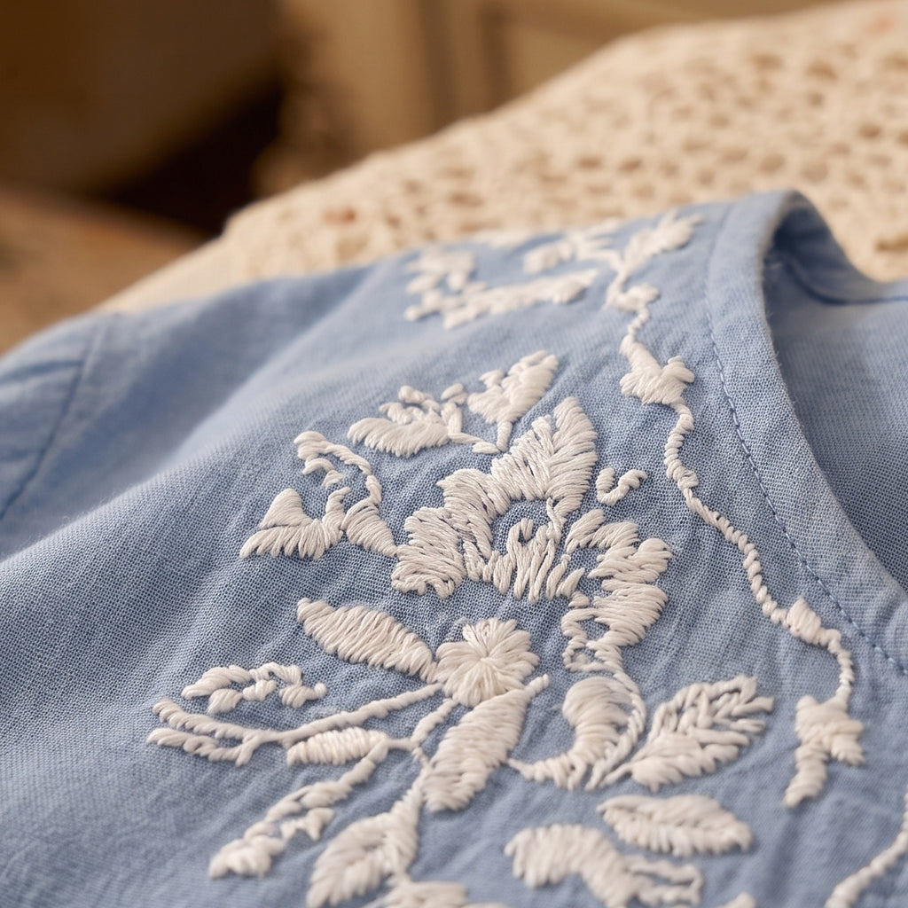 Gros plan sur la large frise brodée en bas de la nuisette longue bleue en coton