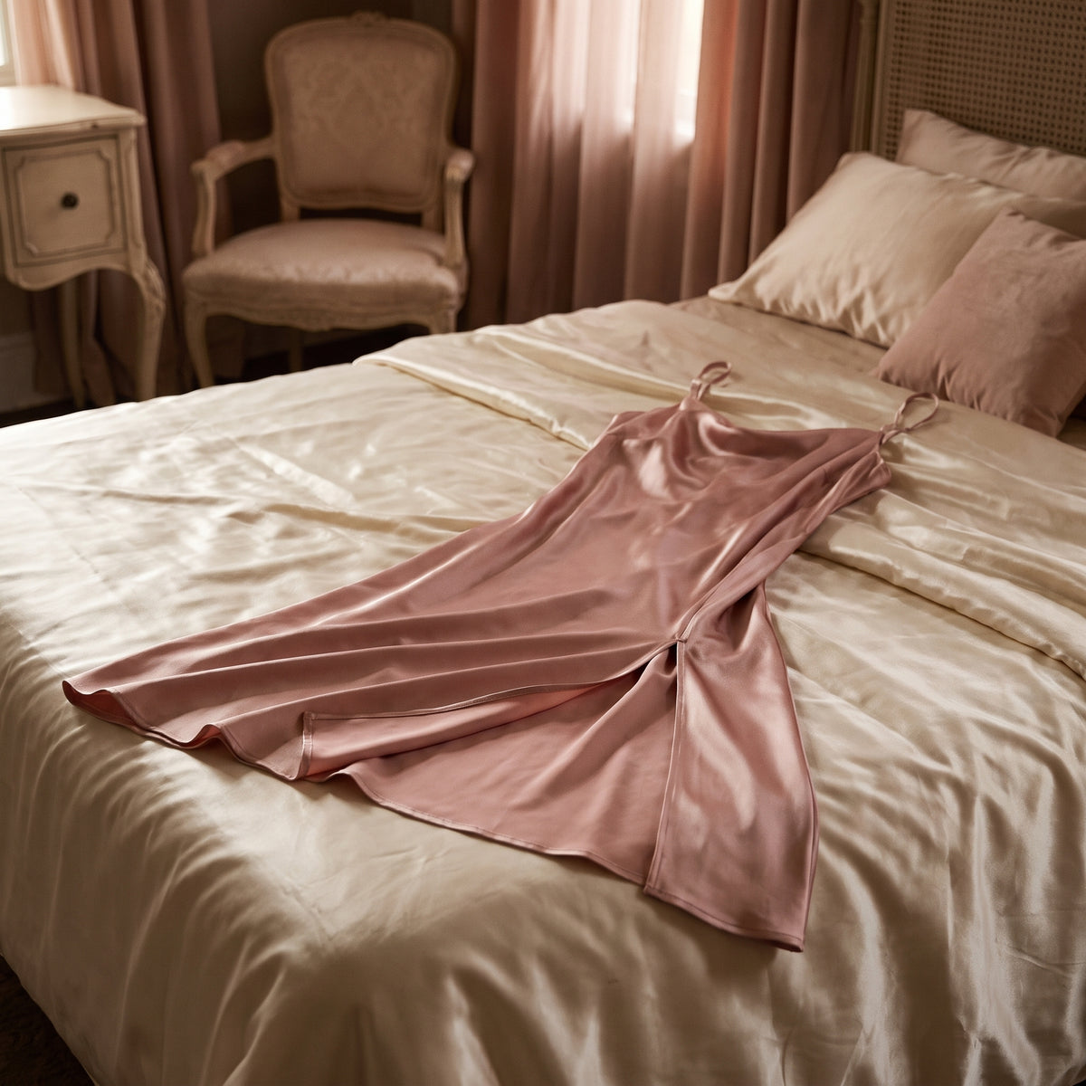 Nuisette en satin rose poudrée drapée sur le lit pour le rituel du soir