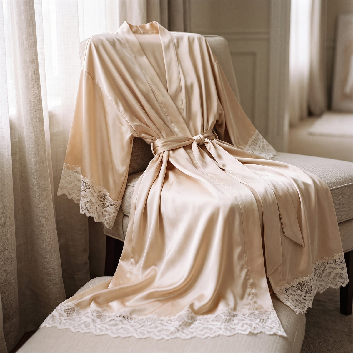 Robe nuisette beige posée sur un fauteuil, volants de dentelle de l'ourlet et de la manche