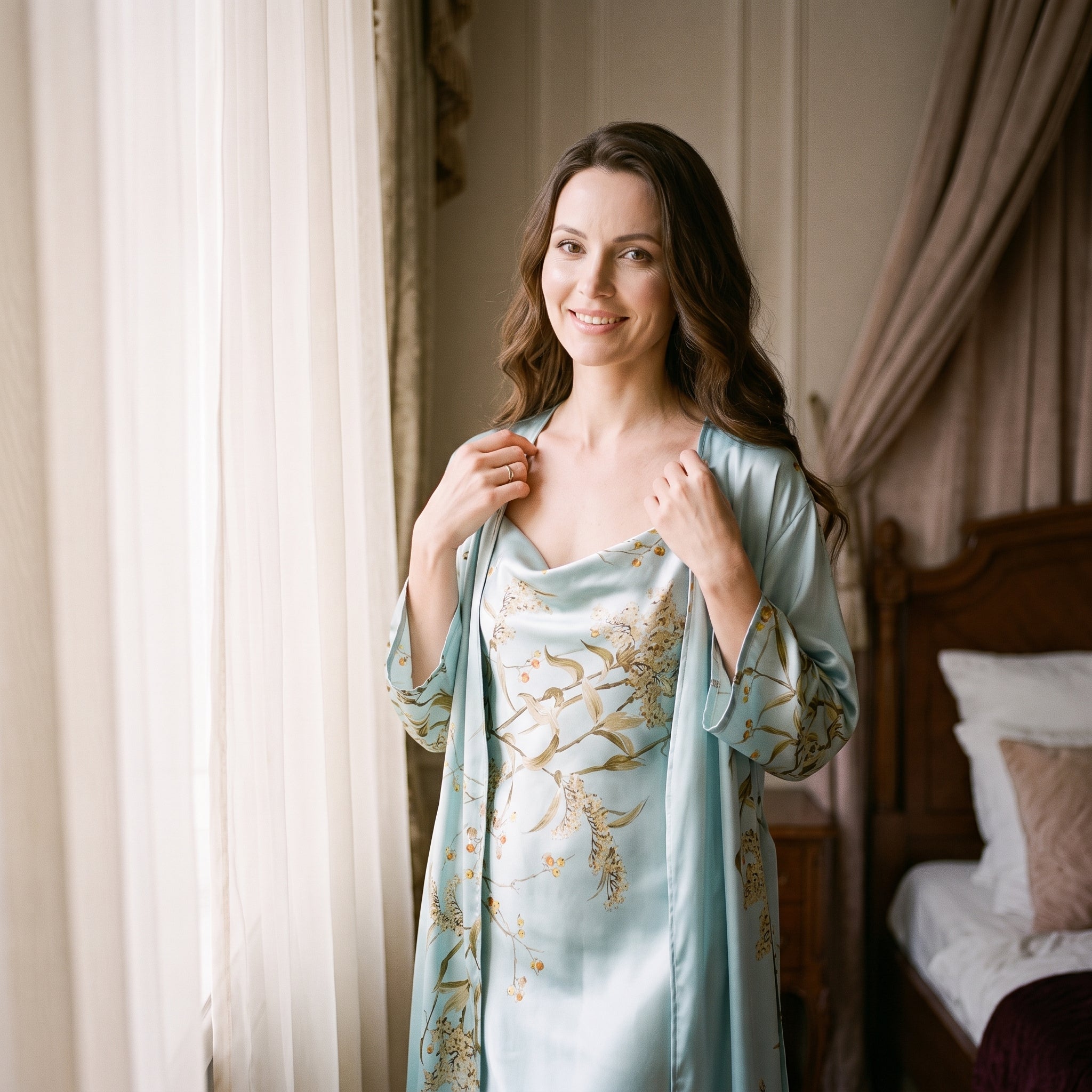Kimono long satin bleu ciel à imprimé floral doré porté, boudoir Image