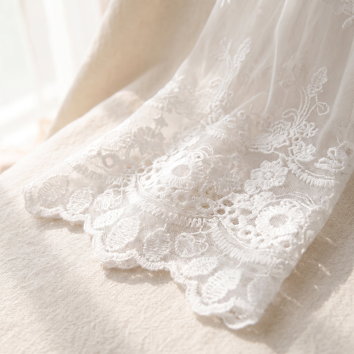 Détail de la manche cloche en dentelle et voile