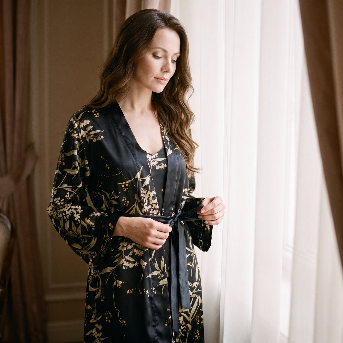 Detail produit ensemble-nuisette-et-kimono-en-satin-noir-avec-imprime-fleuri